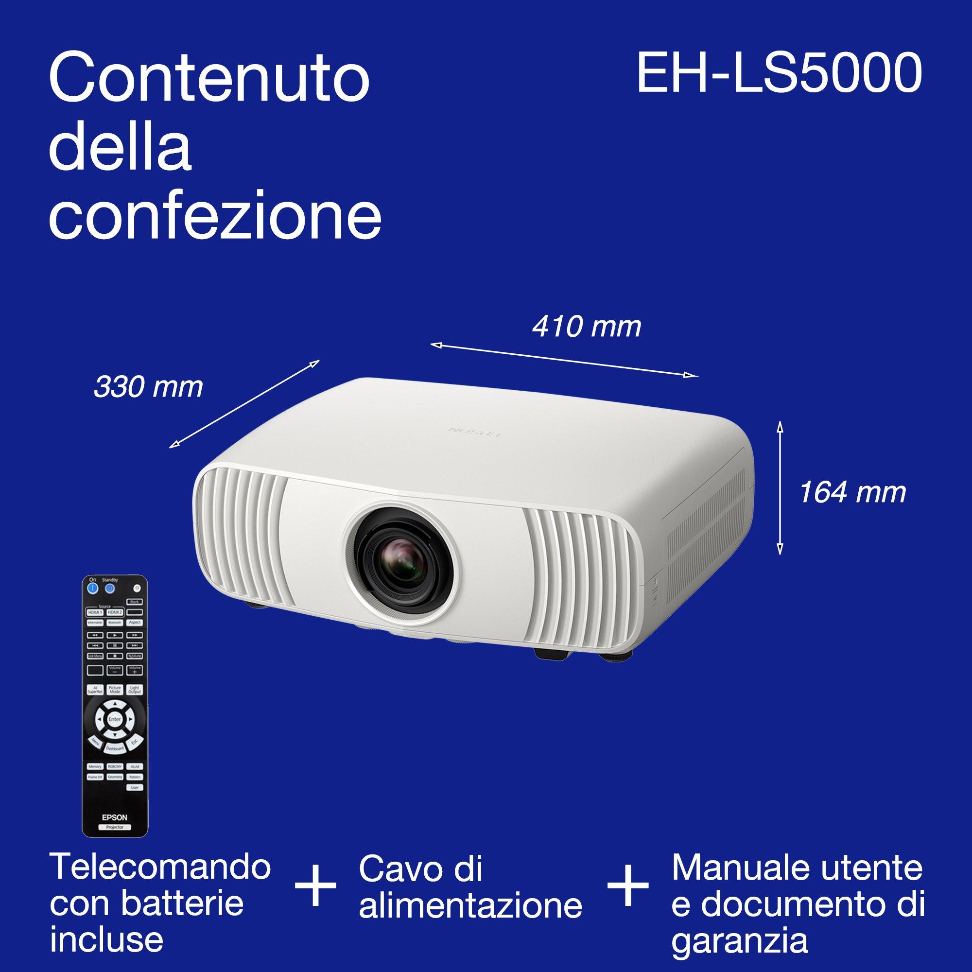 Epson EH-LS5000, videoproiettore home cinema laser 4K conveniente, imaging AI, compatibile Matter, 2.500 lumen, display da 500" whats in the box