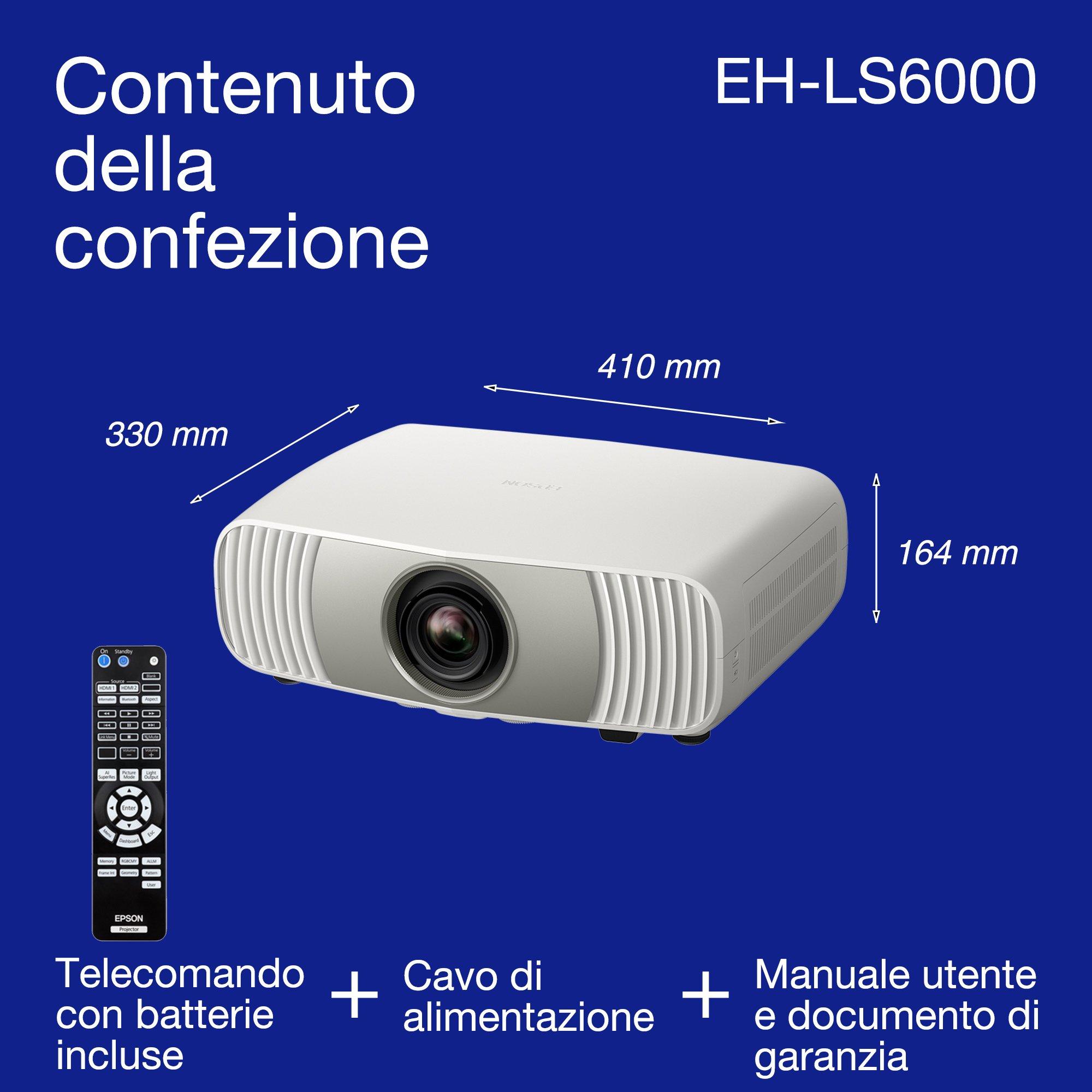 Epson EH-LS6000, videoproiettore laser 4K Home Cinema conveniente, elaborazione immagini AI, compatibile Matter, 3400 lumen, immagine fino a 500 pollici, garanzia di 5 anni whats in the box