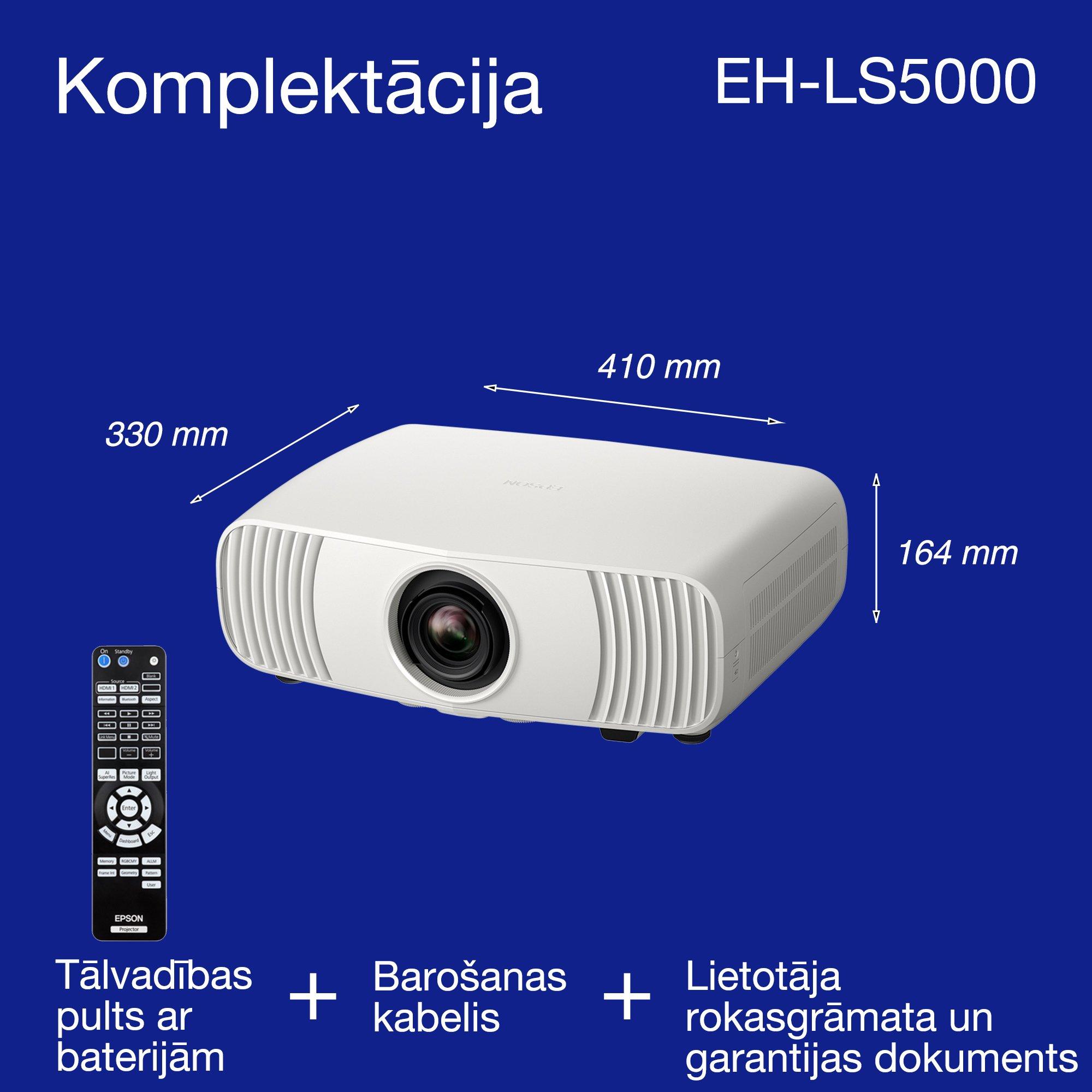 Epson EH-LS5000, pieejams 4K lāzera mājas kino projektors, AI attēlveide, gatavs Matter, 2500 lūmeni, 500" displejs whats in the box