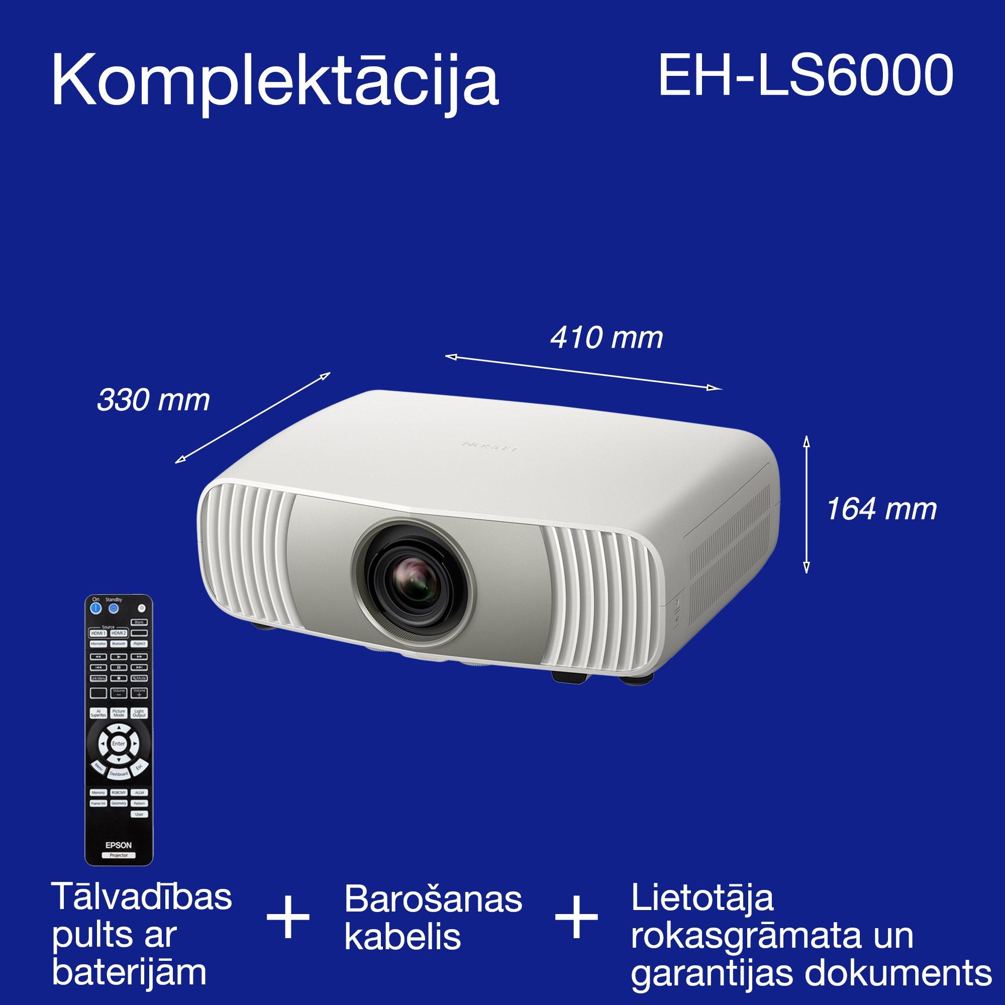 Epson EH-LS6000, pieejams 4K lāzera mājas kinozāles projektors, MI attēlveidošana, gatavs Matter, 3400 lūmeni, 500 collu attēls, 5 gadu garantija whats in the box