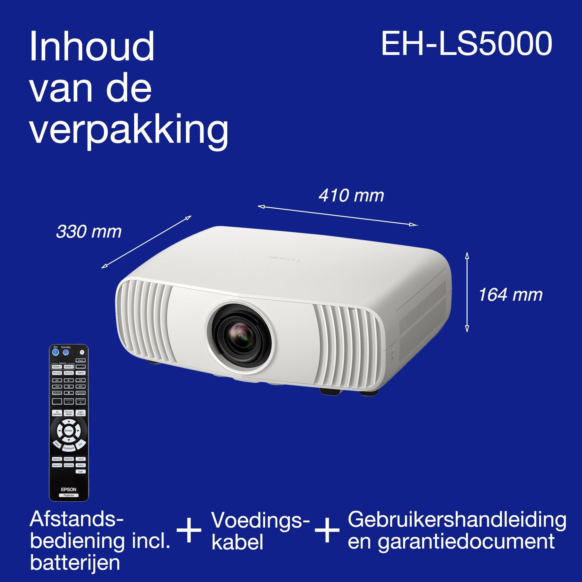 Epson EH-LS5000, betaalbare 4K laser homecinemaprojector, AI-beeldverwerking, Matter-ready, 2.500 lumen, 500" display whats in the box