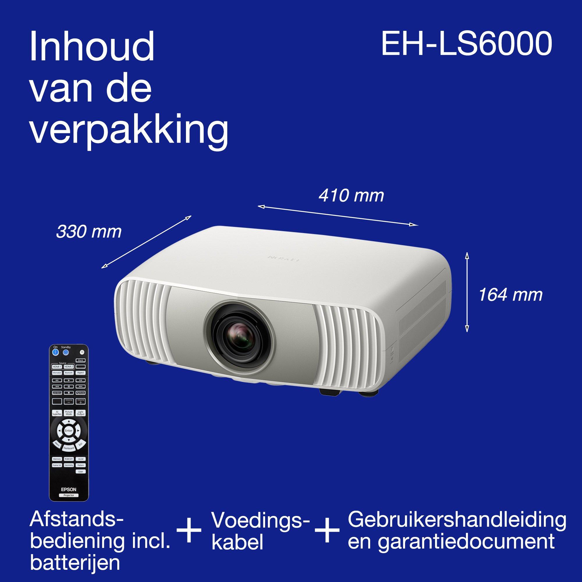 Epson EH-LS6000, betaalbare 4K-laser-thuisbioscoopprojector, AI-beeldvorming, Matter-compatibel, 3.400 lumen, 500"-display, 5 jaar garantie whats in the box