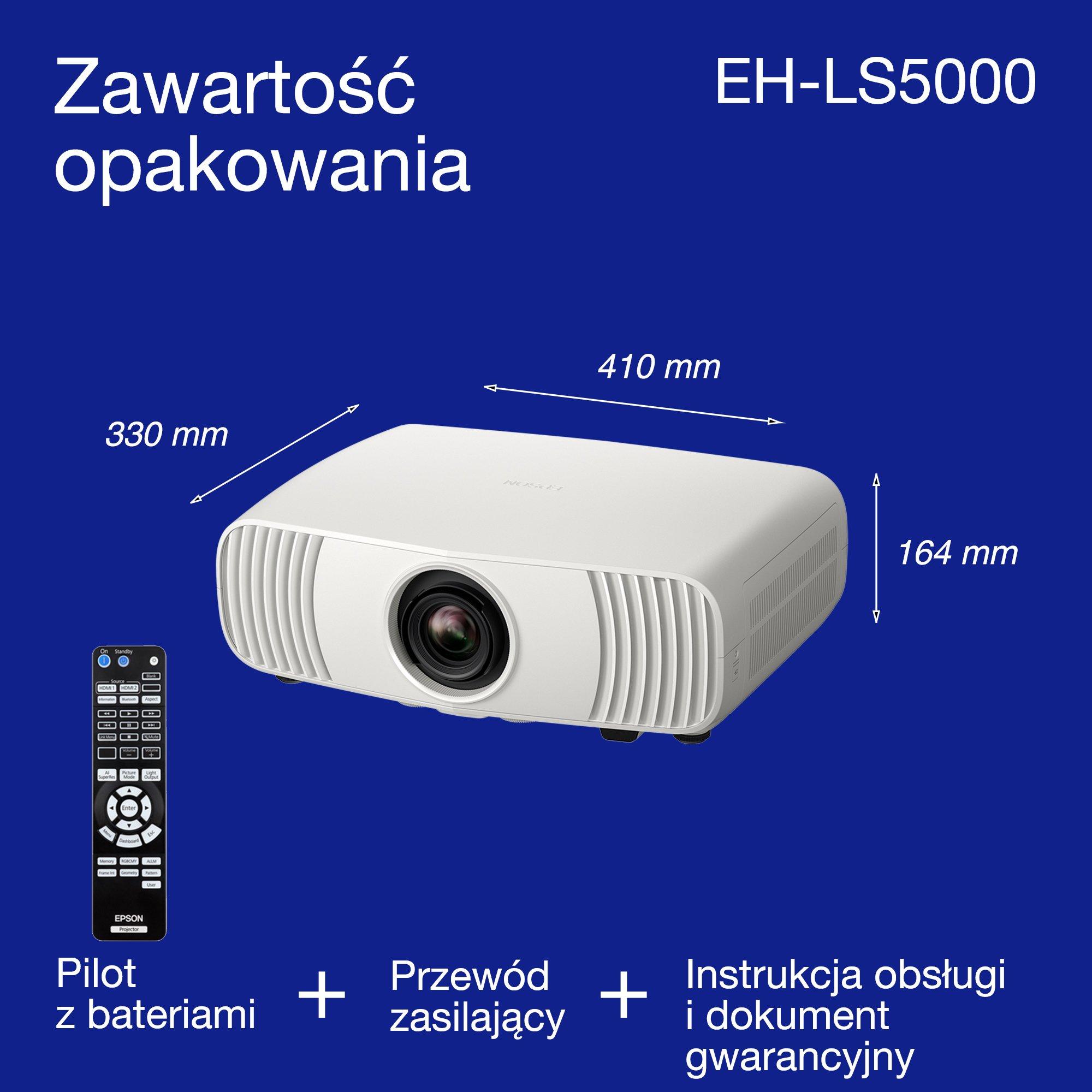Epson EH-LS5000, przystępny cenowo laserowy projektor kina domowego 4K, obrazowanie AI, zgodny z Matter, 2500 lumenów, obraz 500 cali, 5-letnia gwarancja whats in the box