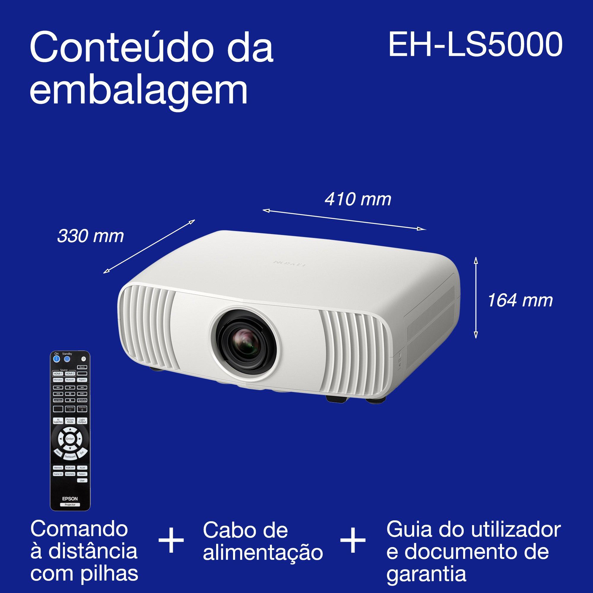 Epson EH-LS5000, Projetor Home Cinema Laser 4K acessível, processamento de imagem por IA, compatível com Matter, 2.500 lúmenes, ecrã de 500", garantia de 5 anos whats in the box