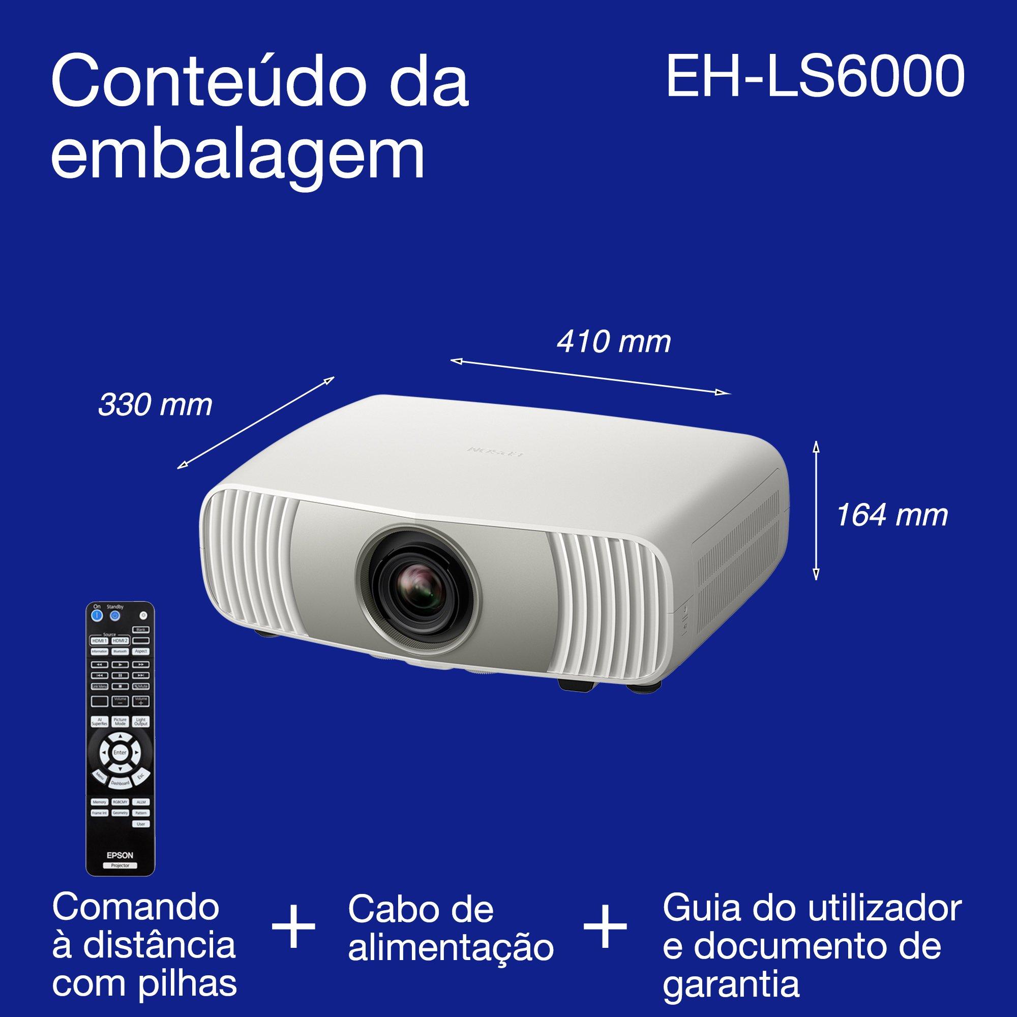 Epson EH-LS6000, projetor laser 4K para cinema em casa acessível, processamento de imagem por IA, compatível com Matter, 3400 lúmenes, ecrã até 500", garantia de 5 anos whats in the box