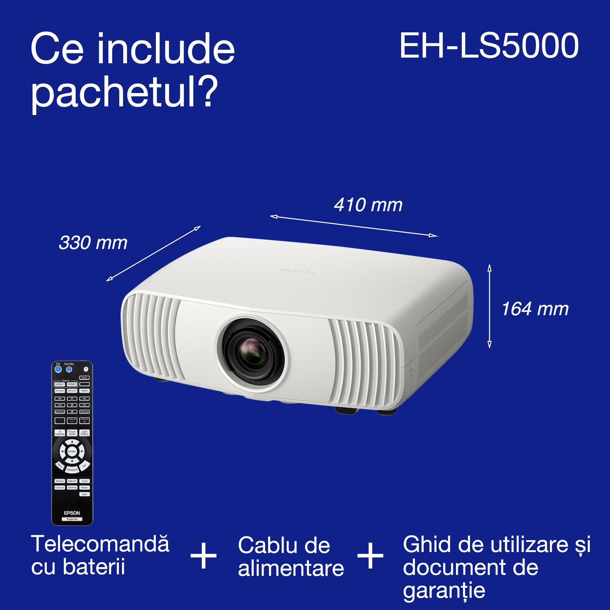 Epson EH-LS5000, proiector home cinema laser 4K accesibil, 3LCD, imagistică AI, pregătit pentru Matter, 2.500 lumeni, ecran de 500" whats in the box