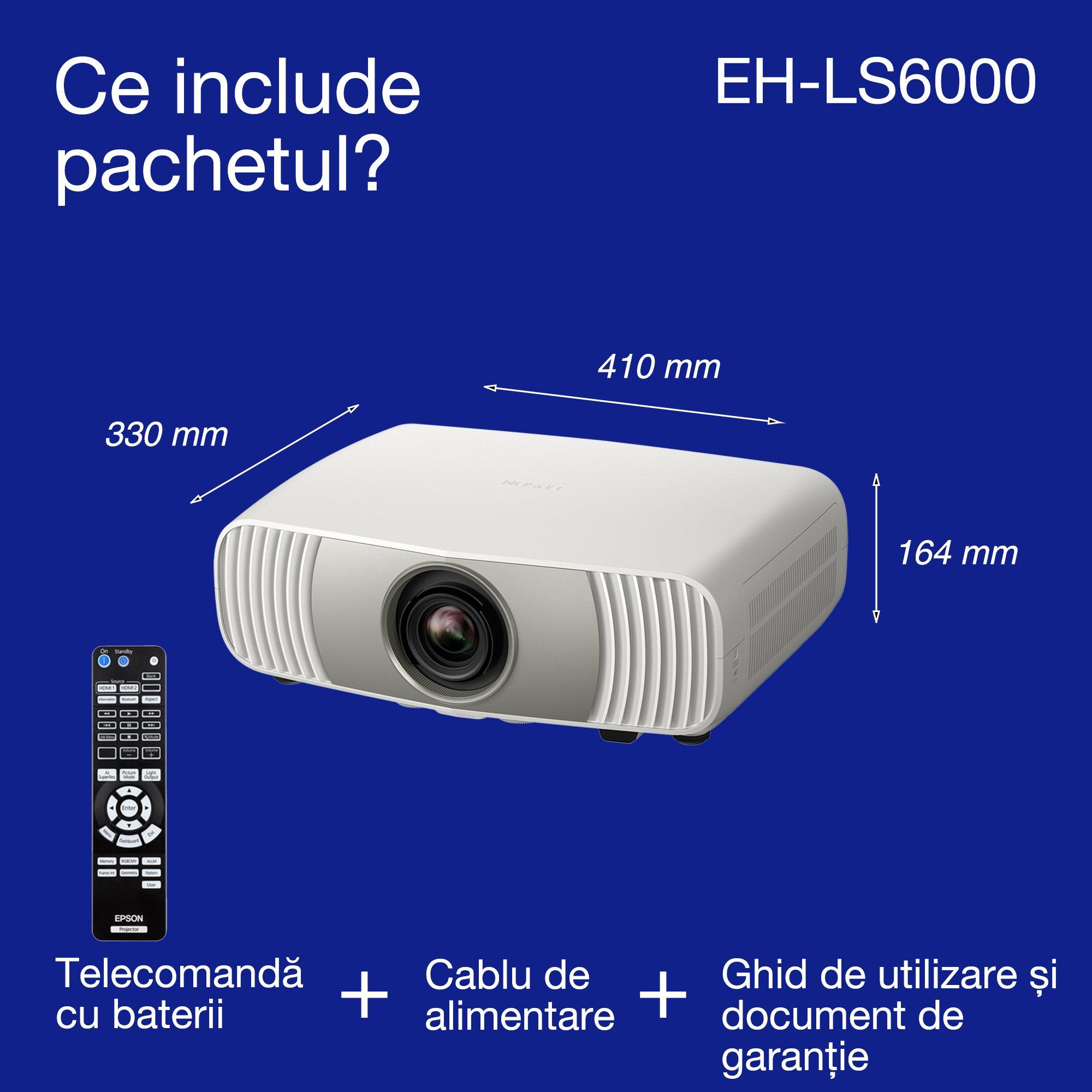 Epson EH-LS6000, proiector laser 4K accesibil pentru home cinema, procesare imagine cu AI, compatibil Matter, 3400 lumeni, afișaj de până la 500", garanție 5 ani whats in the box