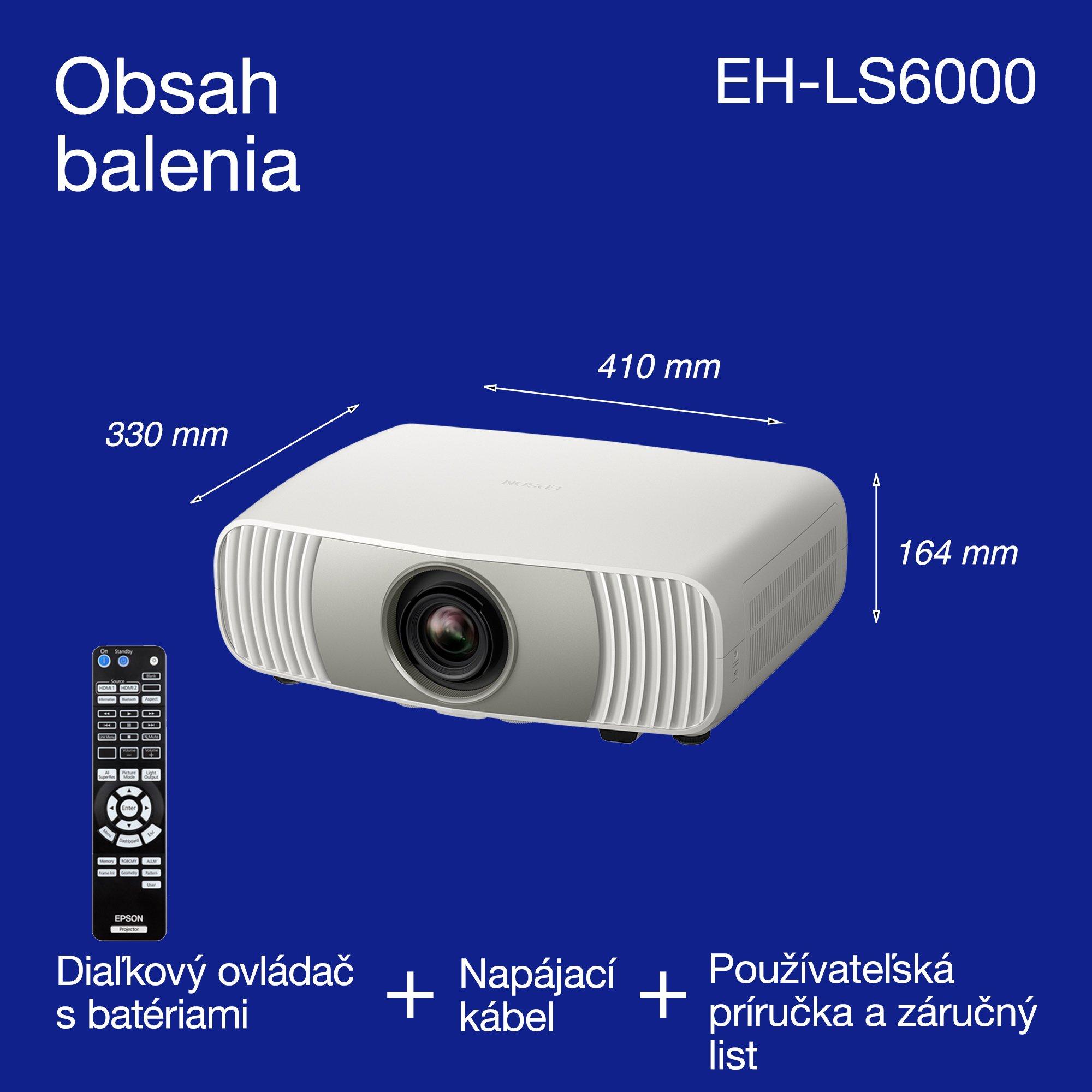 Epson EH-LS6000, cenovo dostupný 4K laserový projektor pre domáce kino, AI spracovanie obrazu, kompatibilný s Matter, 3400 lúmenov, obraz až 500", 5-ročná záruka whats in the box