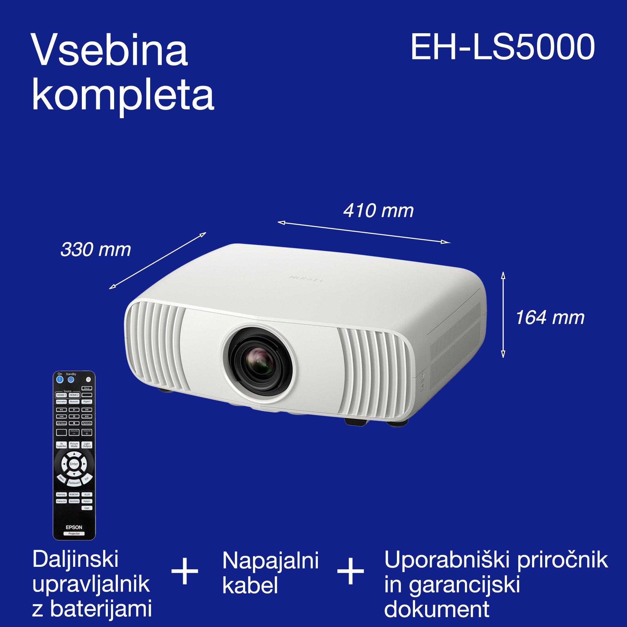 Epson EH-LS5000, cenovno dostopen laserski projektor za domači kino 4K, slikanje z UI, pripravljen za Matter, 2.500 lumnov, prikaz 500", 5-letna garancija whats in the box
