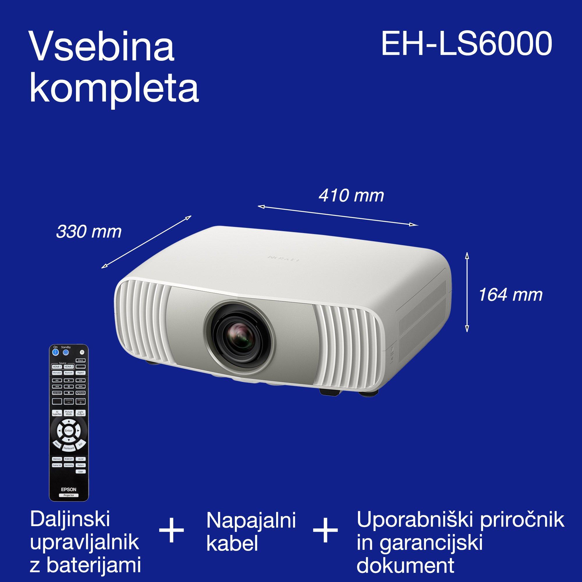 Epson EH-LS6000, cenovno dostopen 4K laserski projektor za domači kino, obdelava slike z umetno inteligenco, združljiv z Matter, 3400 lumnov, slika do 500 palcev, 5-letna garancija whats in the box