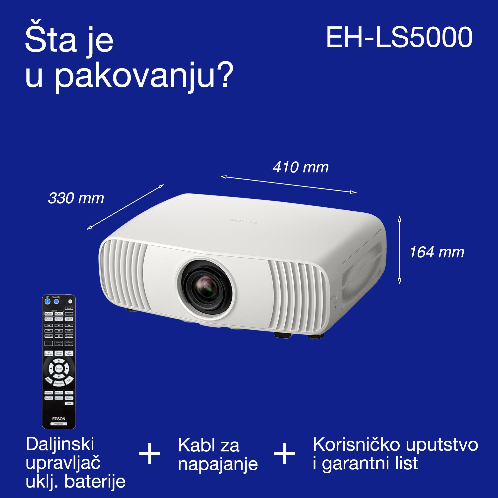 Epson EH-LS5000, pristupačan 4K laserski projektor za kućni bioskop, AI prikaz slike, spreman za Matter, 2.500 lumena, prikaz od 500", 5-godišnja garancija whats in the box