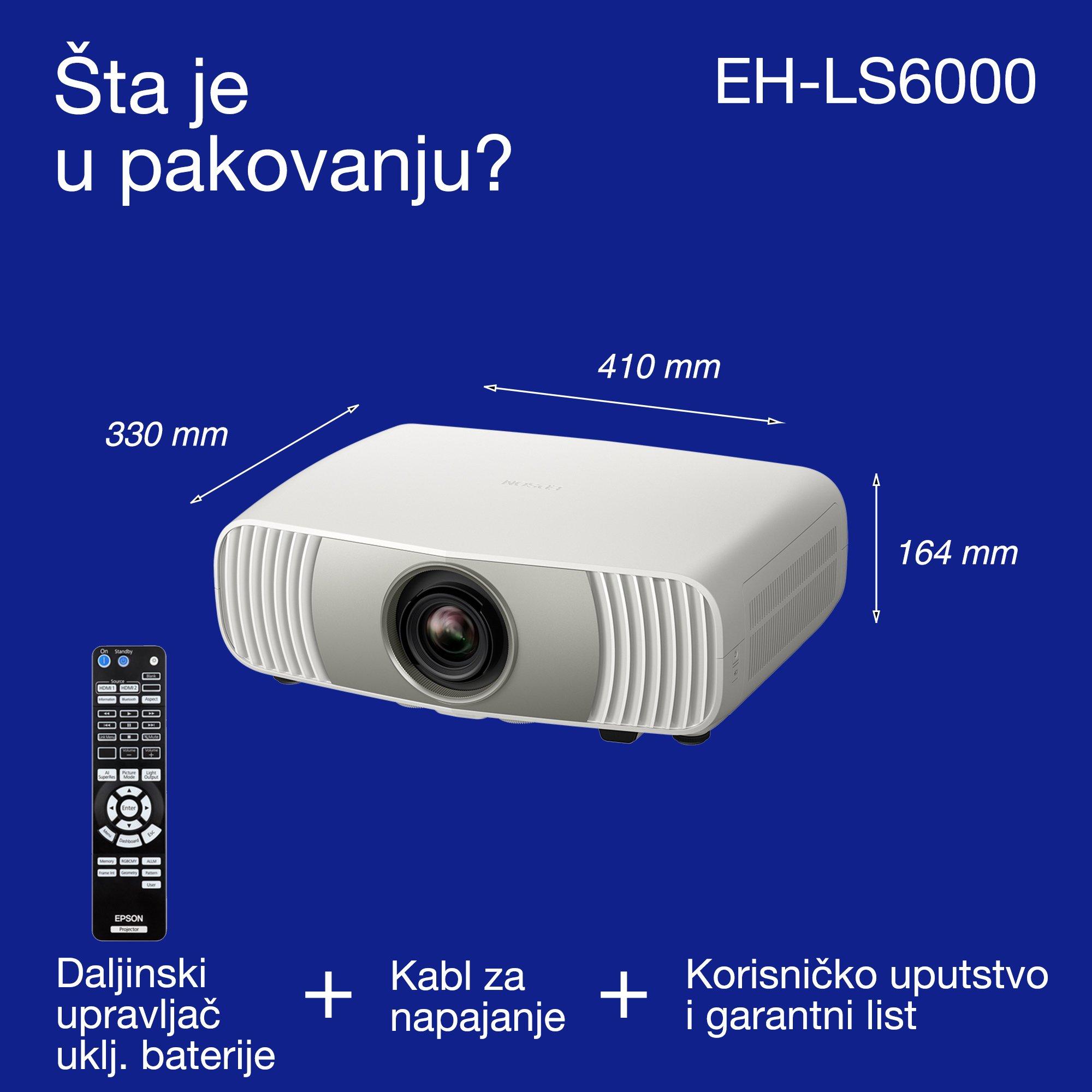 Epson EH-LS6000, pristupačan 4K laserski projektor za kućni bioskop, AI obrada slike, Matter kompatibilan, 3400 lumena, prikaz do 500", garancija 5 godina whats in the box