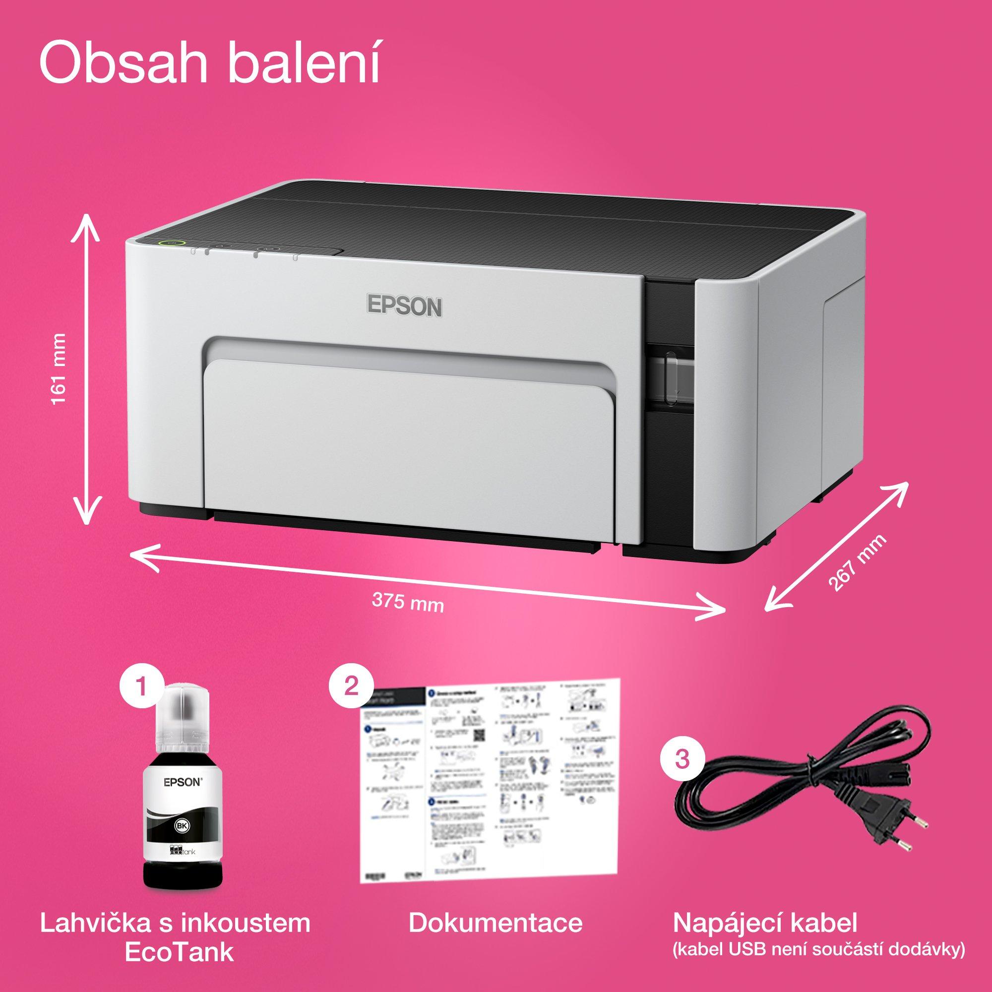 Černobílá tiskárna EcoTank M1100 formátu A4 whats in the box