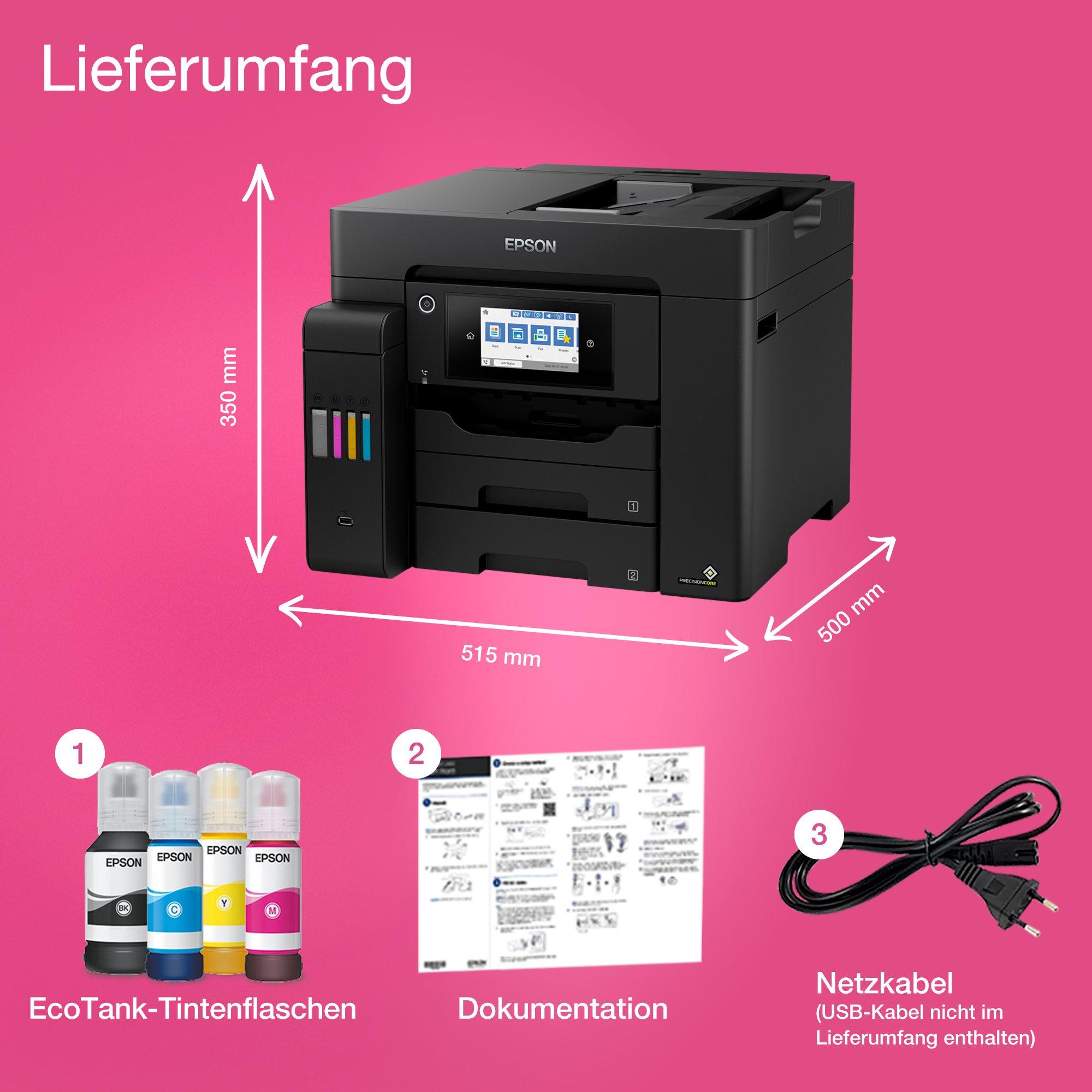 EcoTank ET-5855 DIN-A4-Multifunktions-Wi-Fi-Tintentankdrucker mit Fax whats in the box