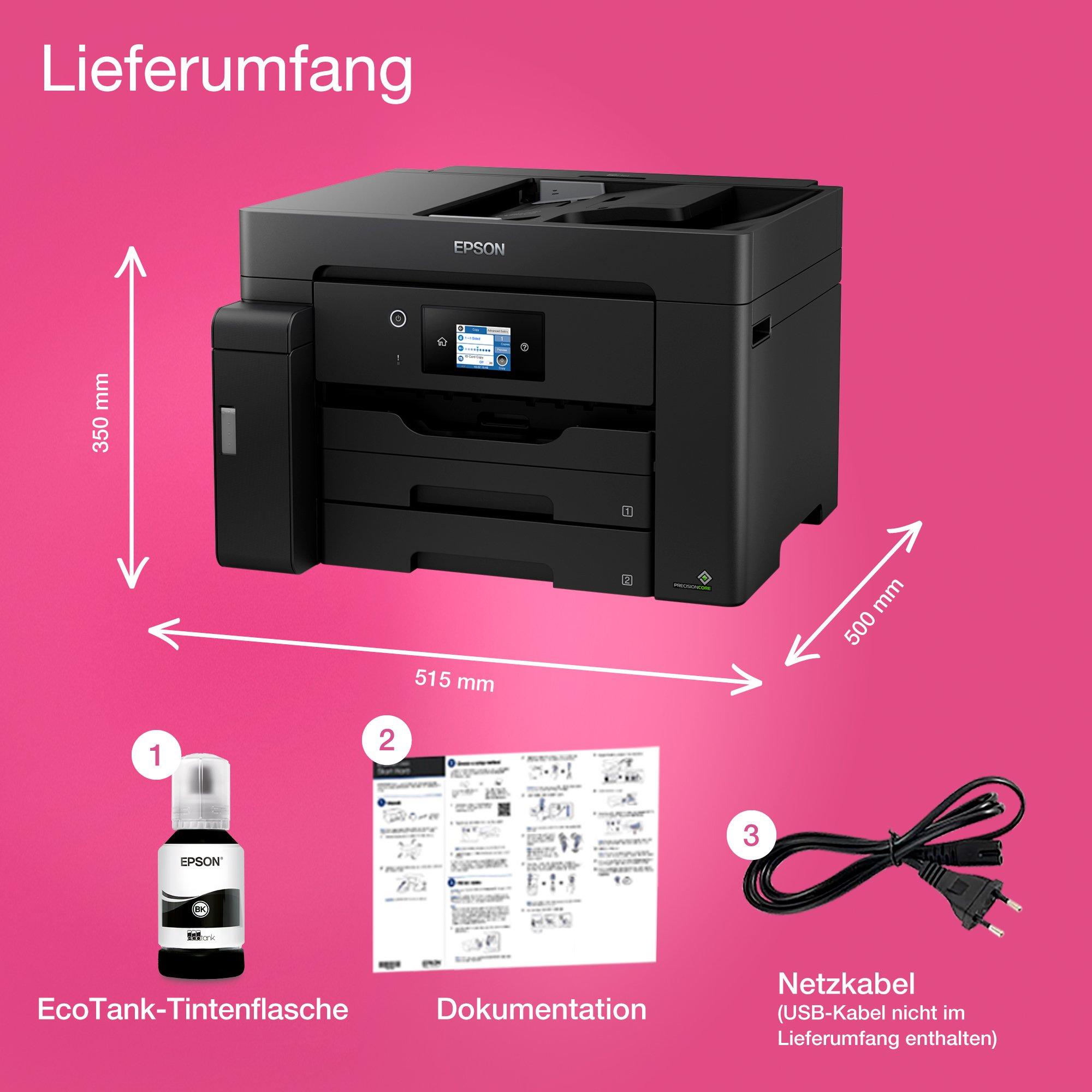 EcoTank ET-M16600 A3-Schwarzweiß-Multifunktionstintentankdrucker mit Wi-Fi, Scan-, Kopier- und Faxfunktion whats in the box
