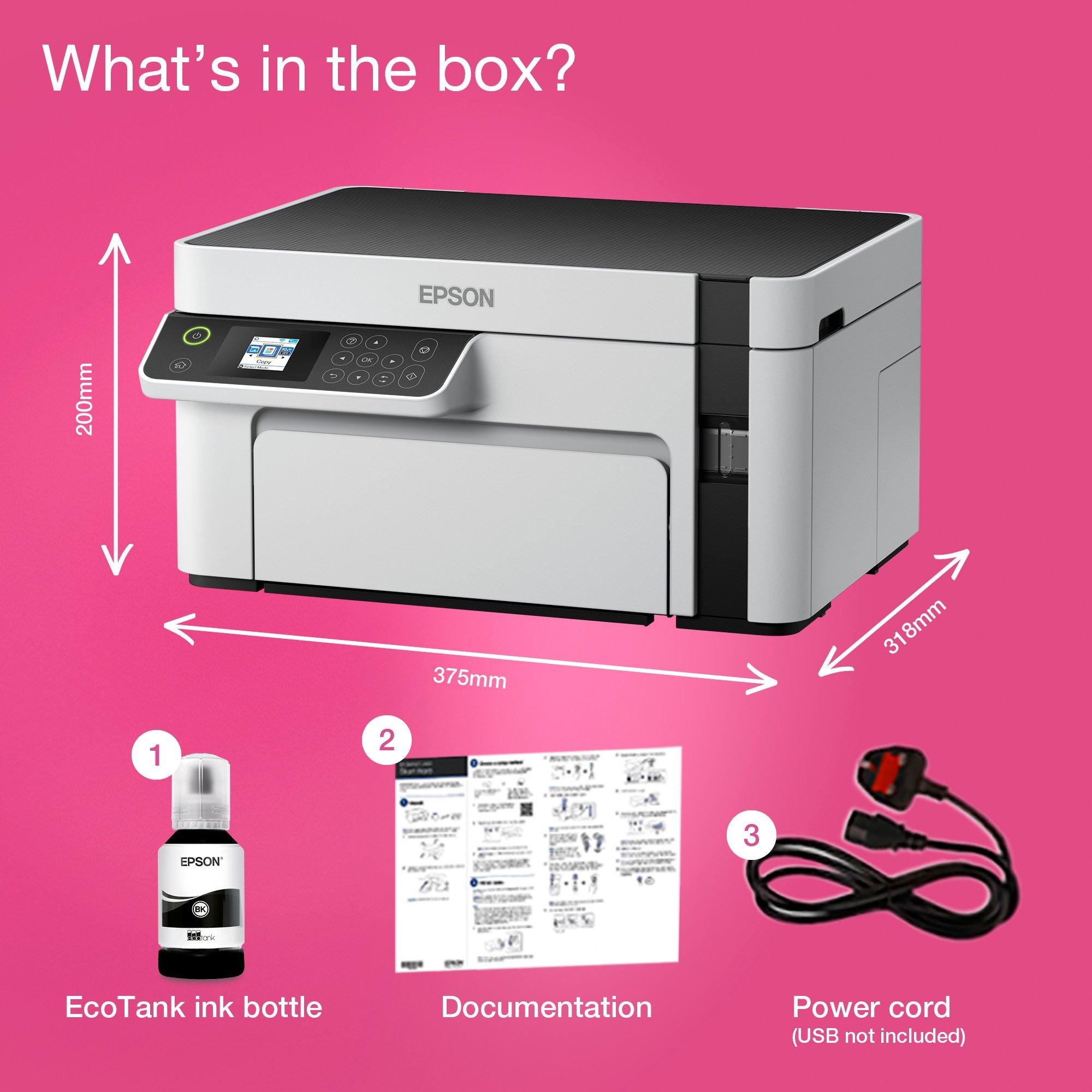EcoTank ET-M2120 A4 Multifunction Mono Wi-Fi Ink Tank Printer whats in the box