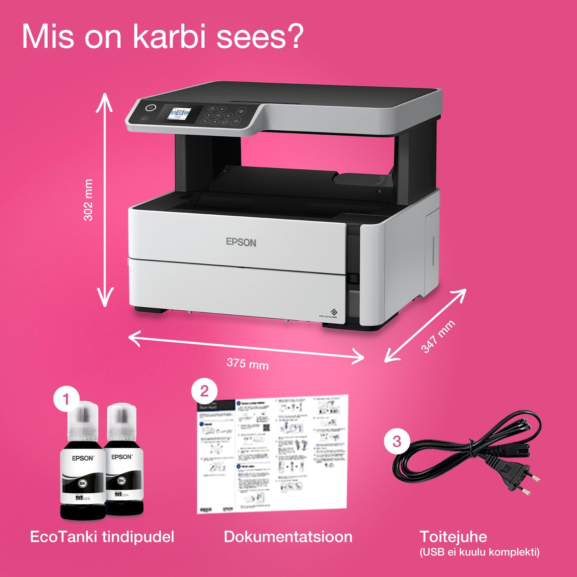 EcoTank ET-M2170 A4 multifunktsionaalne mustvalge Wi-Fi tindimahutiga printer whats in the box