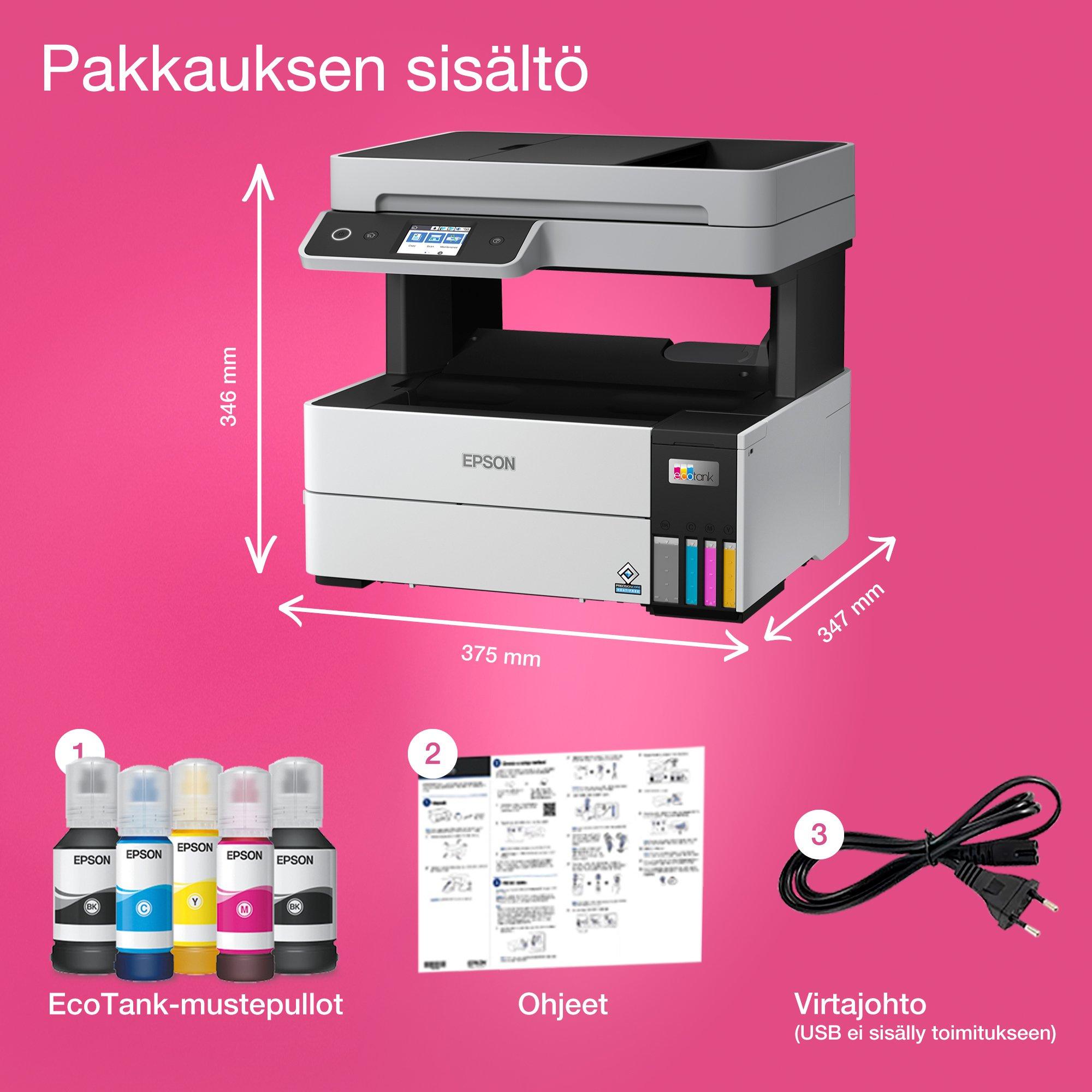 EcoTank ET-5150 A4-monitoimitulostin – Wi-Fi ja mustesäiliöt whats in the box