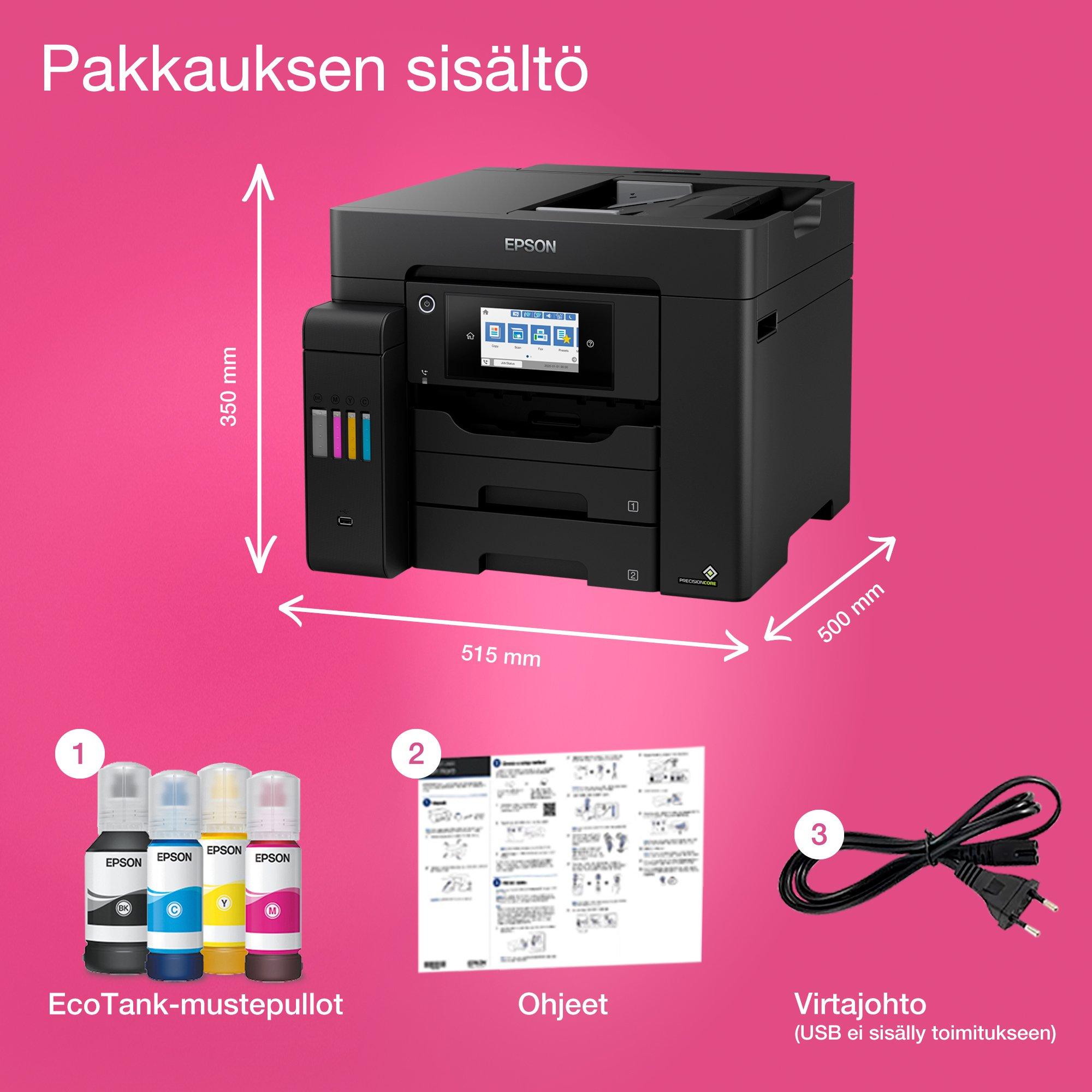 EcoTank ET-5855 A4-monitoimitulostin – Wi-Fi, mustesäiliöt ja faksi whats in the box