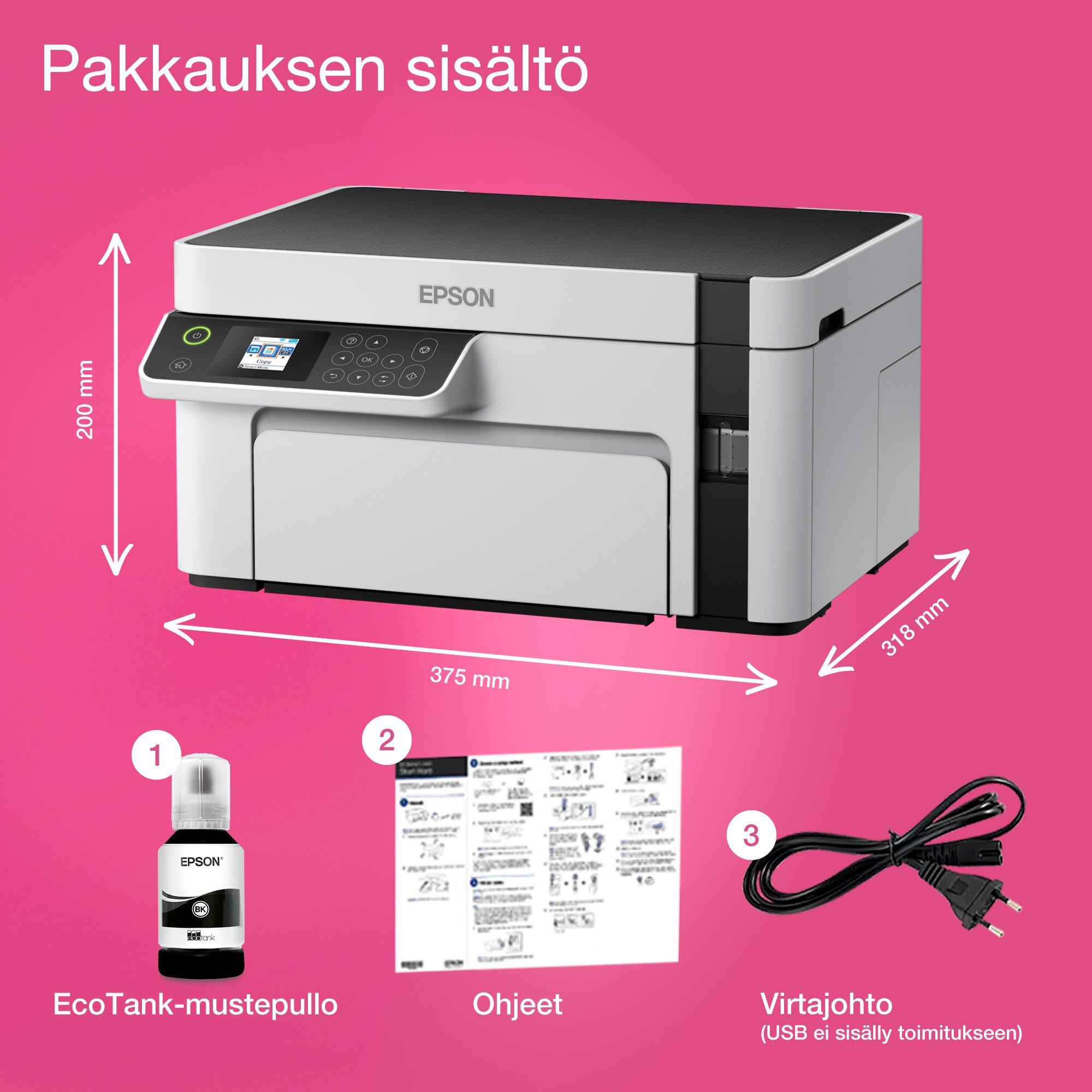 EcoTank ET-M2120 A4-mustavalkomonitoimitulostin – Wi-Fi ja mustesäiliö whats in the box
