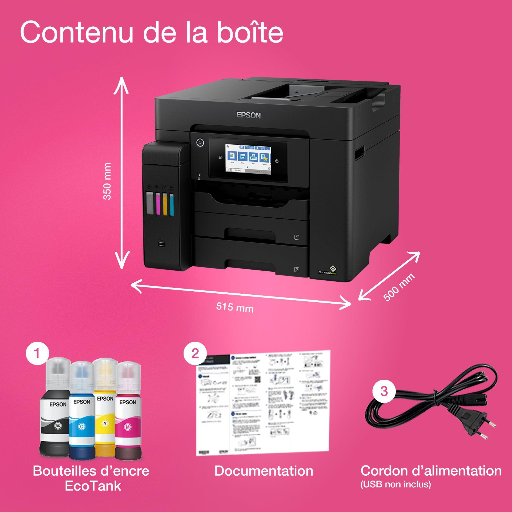 Solution d’impression A4 EcoTank ET-5855 avec Wi-Fi, réservoirs d’encre et fax whats in the box