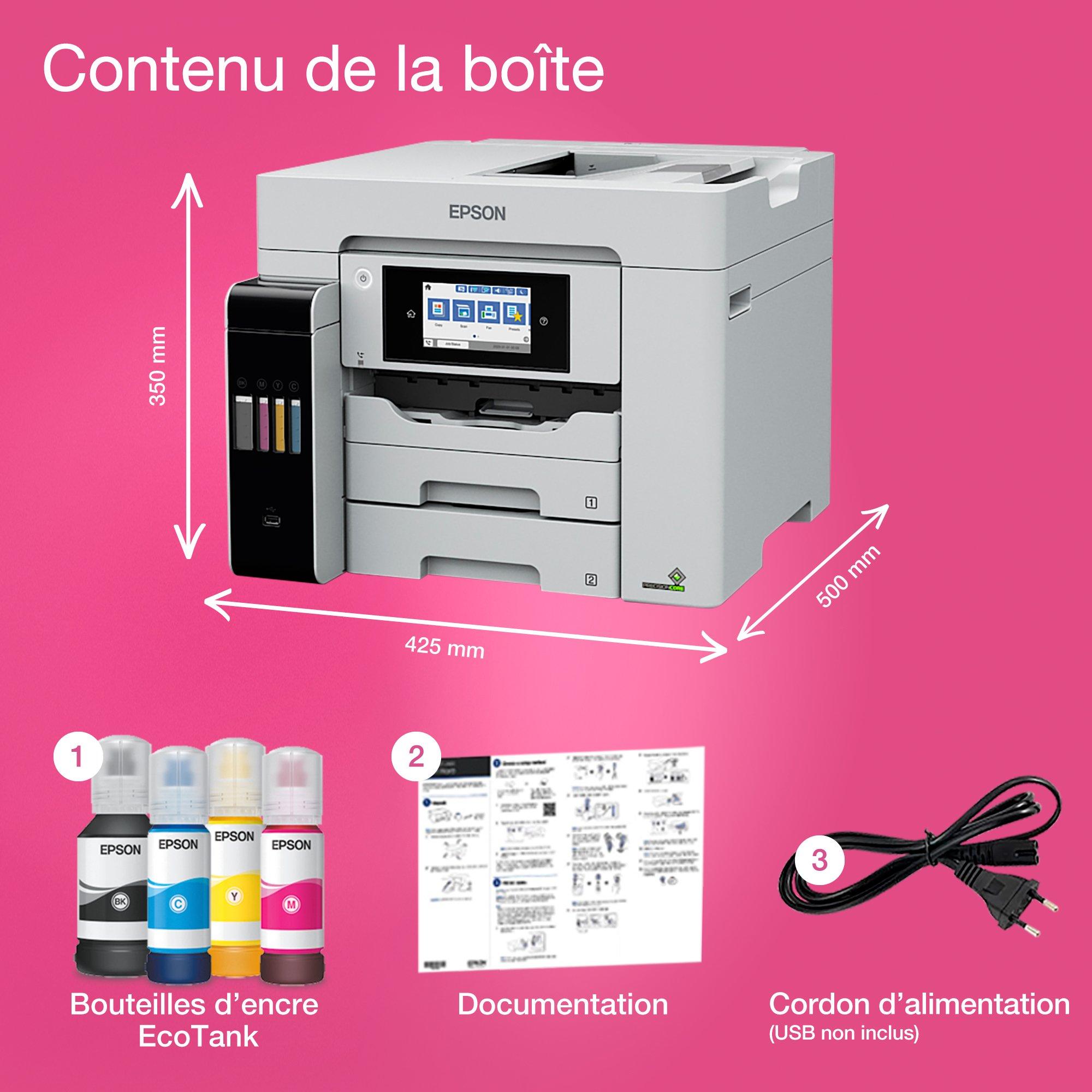 Imprimante multifonction A4 EcoTank ET-5880 avec Wi-Fi, réservoirs d’encre, scanner, copie et fax whats in the box