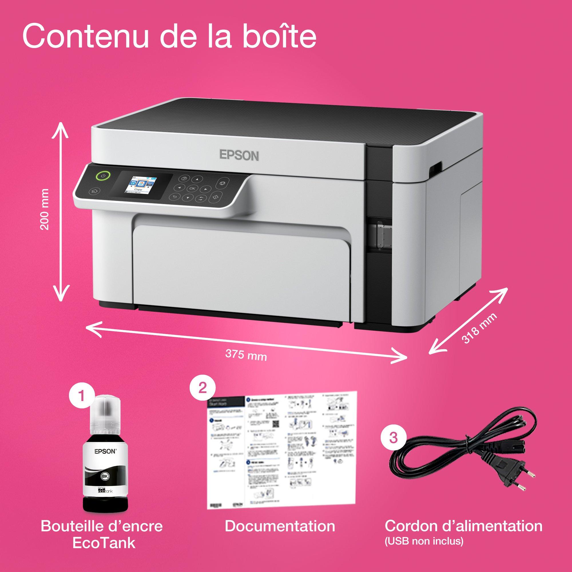 Imprimante multifonction monochrome A4 EcoTank ET-M2120 avec réservoir d’encre et Wi-Fi whats in the box
