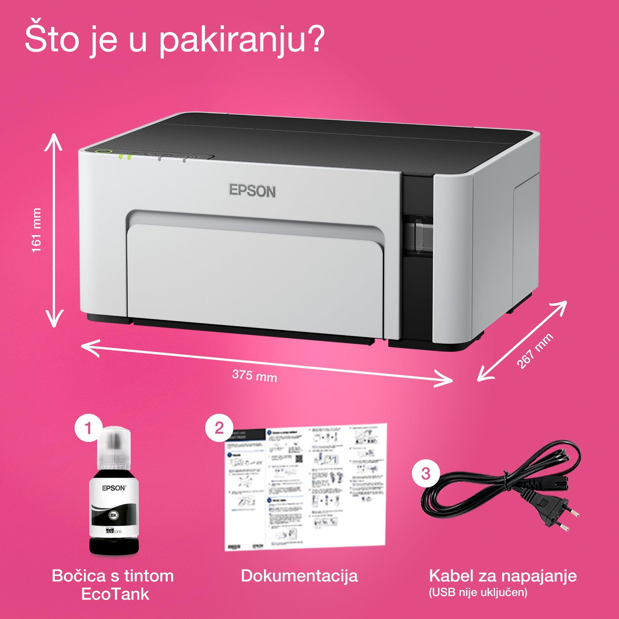 Jednobojni pisač EcoTank M1120 za format A4 s Wi-Fi vezom i spremnikom za tintu whats in the box
