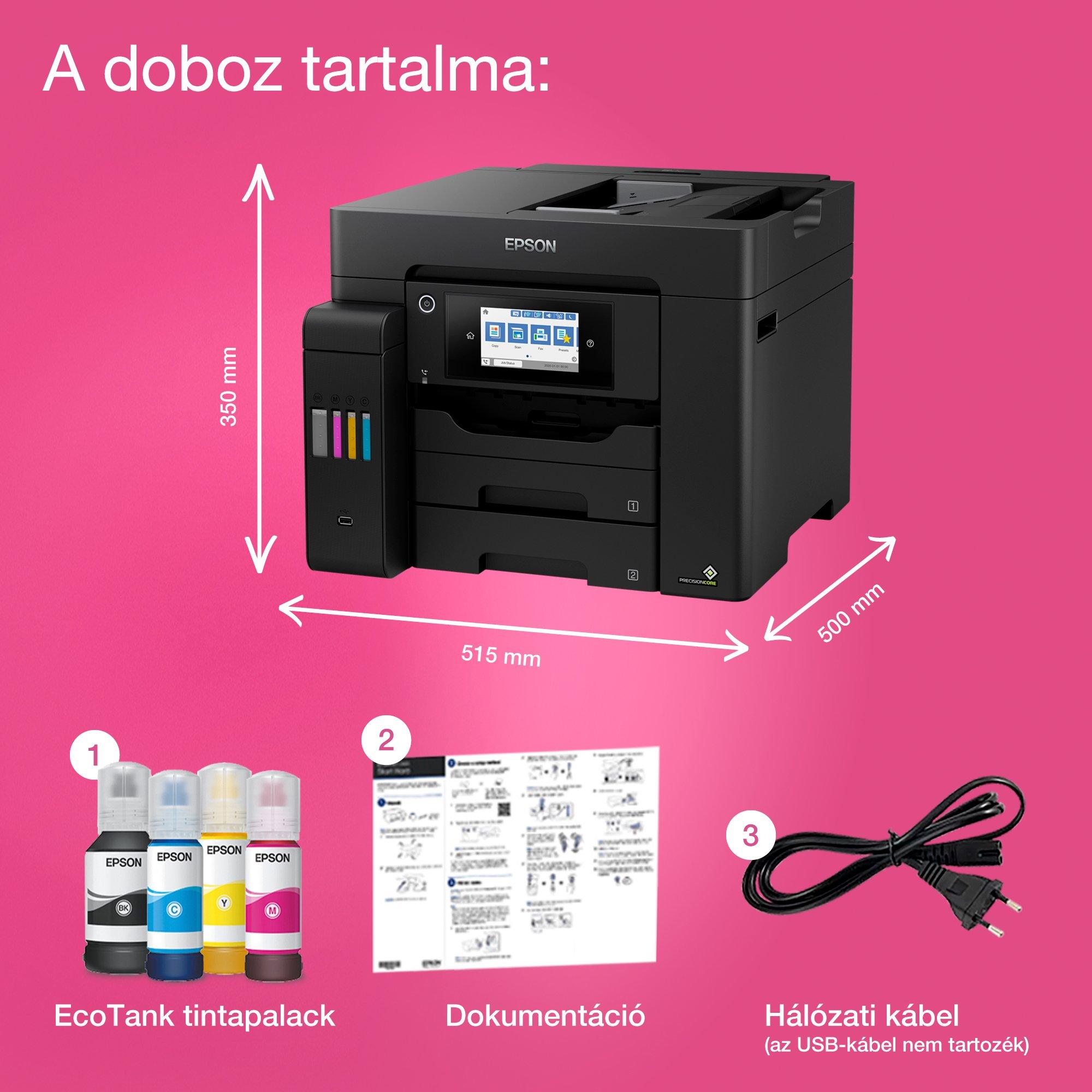 EcoTank L6570 A4-es méretű, többfunkciós, Wi-Fi-s, külső tintatartályos nyomtató fax funkcióval whats in the box