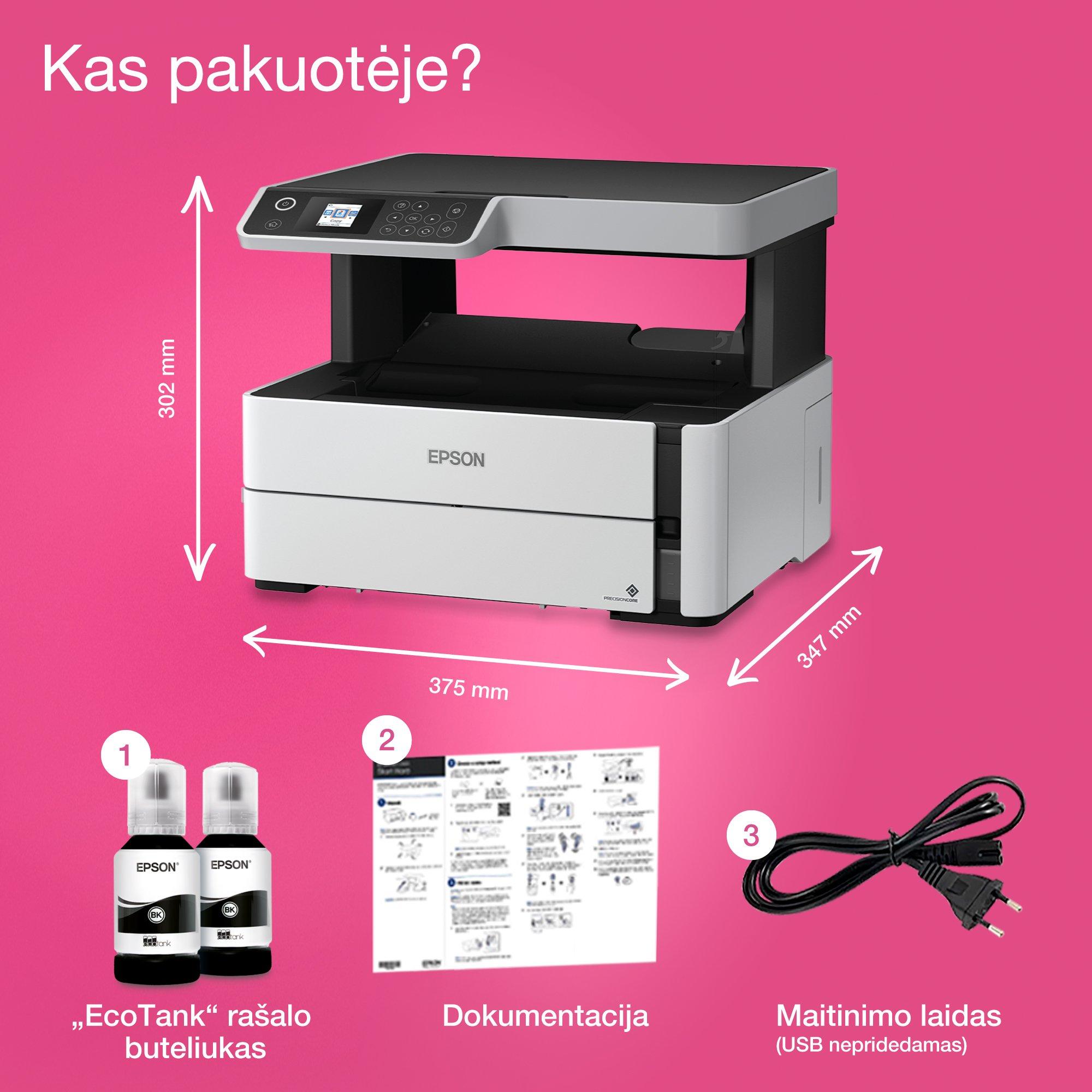 Daugiafunkcis A4 spausdintuvas „EcoTank M2170“ su „Wi-Fi“ ir rašalo talpykla whats in the box