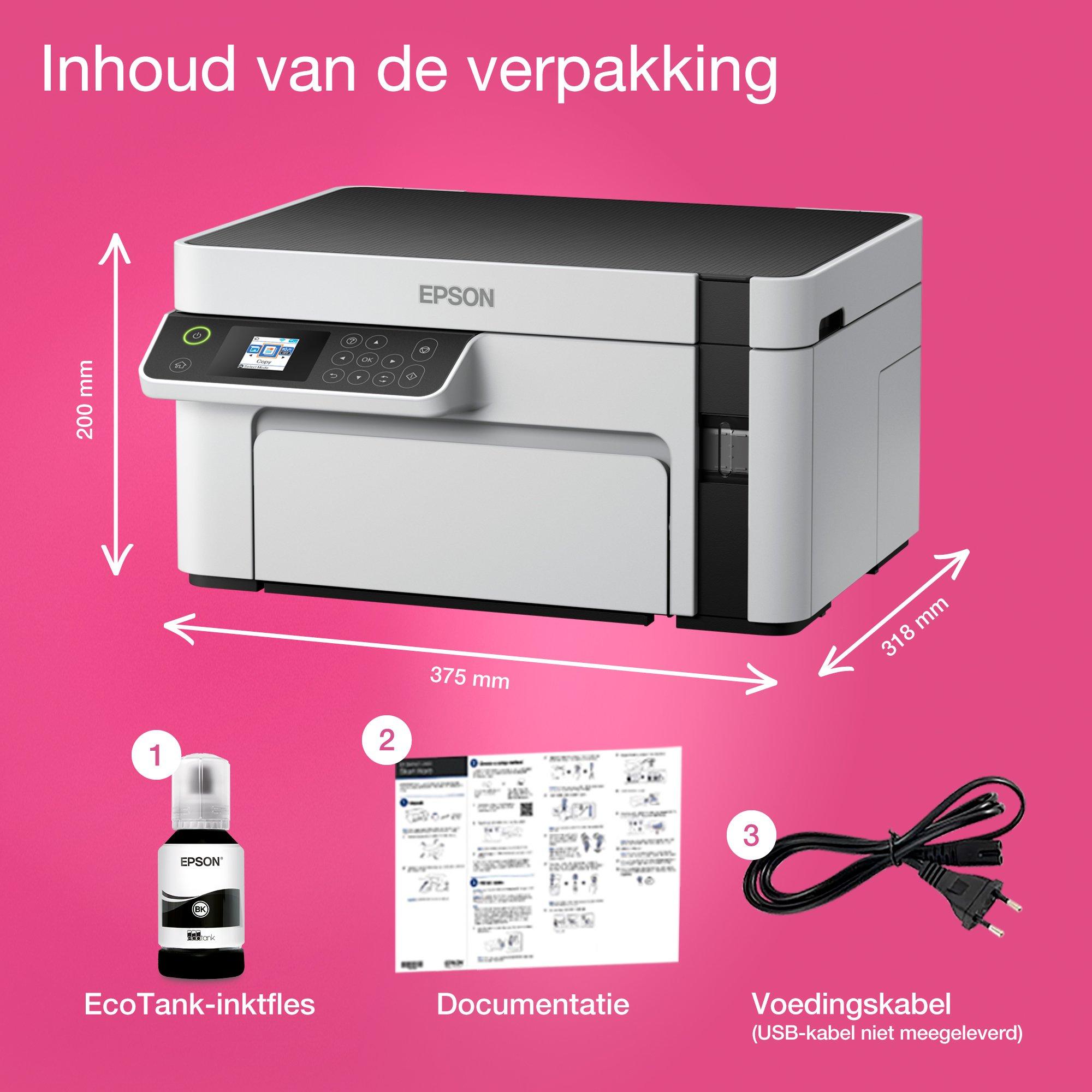 EcoTank ET-M2120 A4 multifunctionele zwart-wit Wi-Fi-printer met inkttank whats in the box