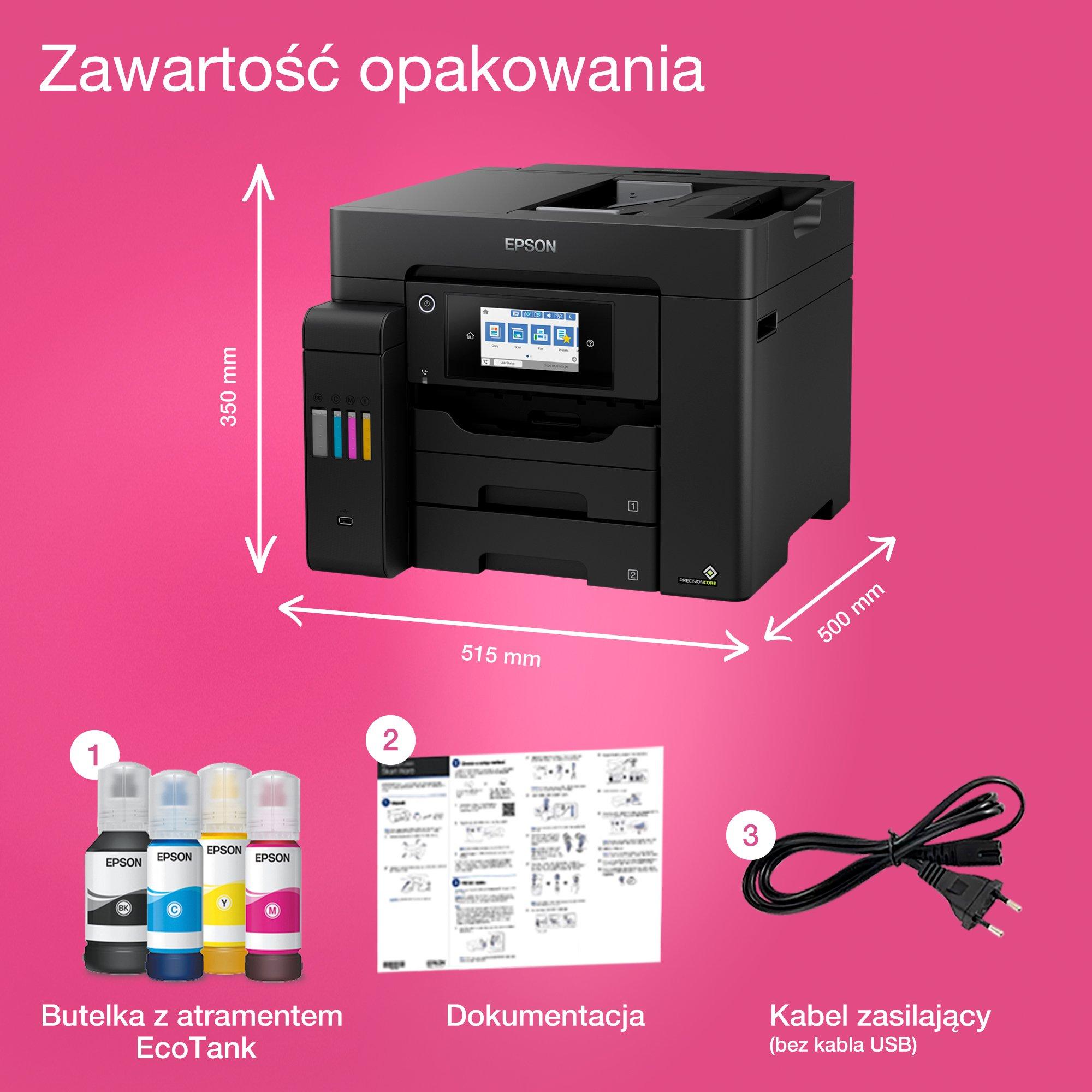 Wielofunkcyjna drukarka A4 EcoTank L6550 z łącznością Wi-Fi, stałym zasilaniem w atrament i faksem whats in the box
