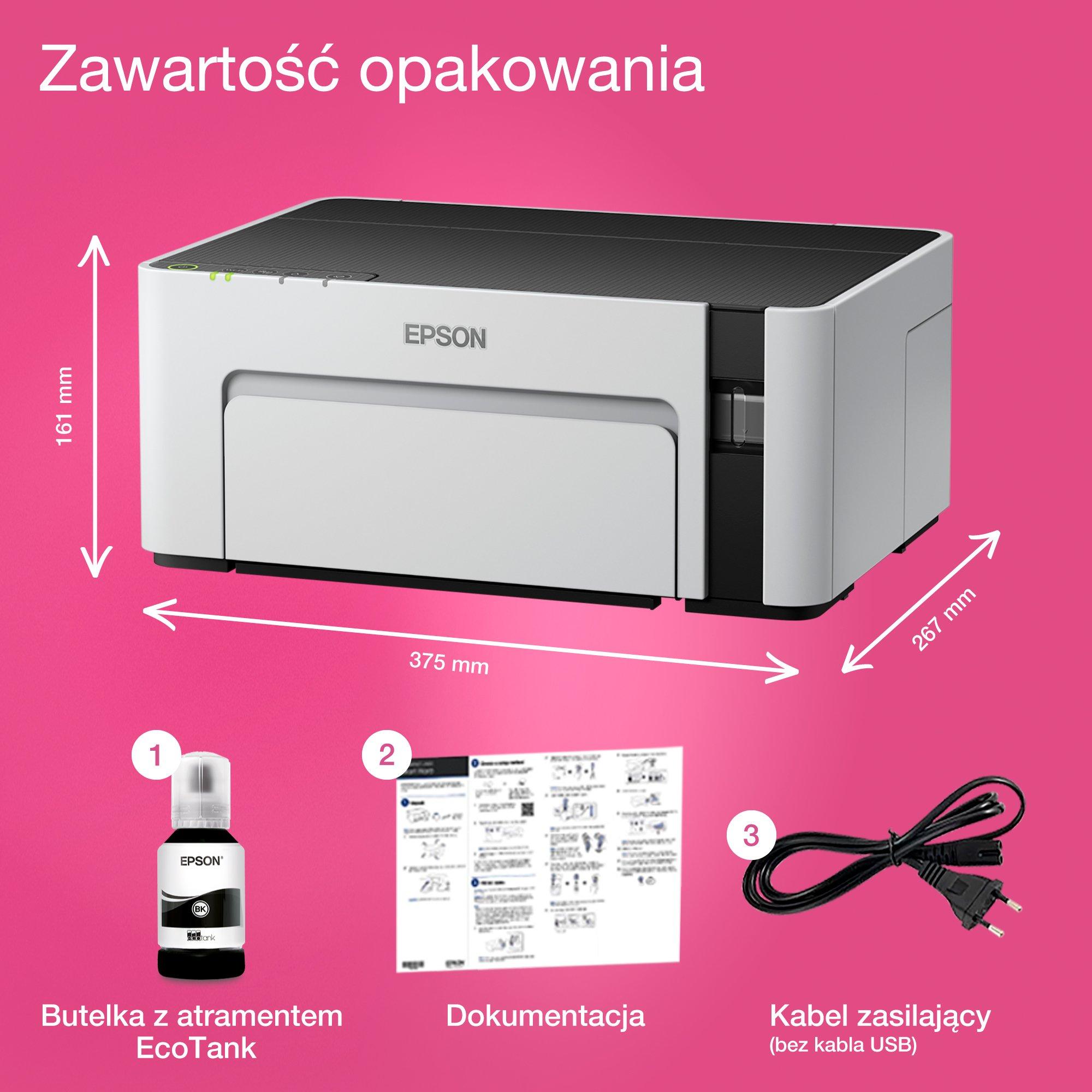 Drukarka monochromatyczna A4 EcoTank M1120 z łącznością Wi-Fi i stałym zasilaniem w atrament whats in the box