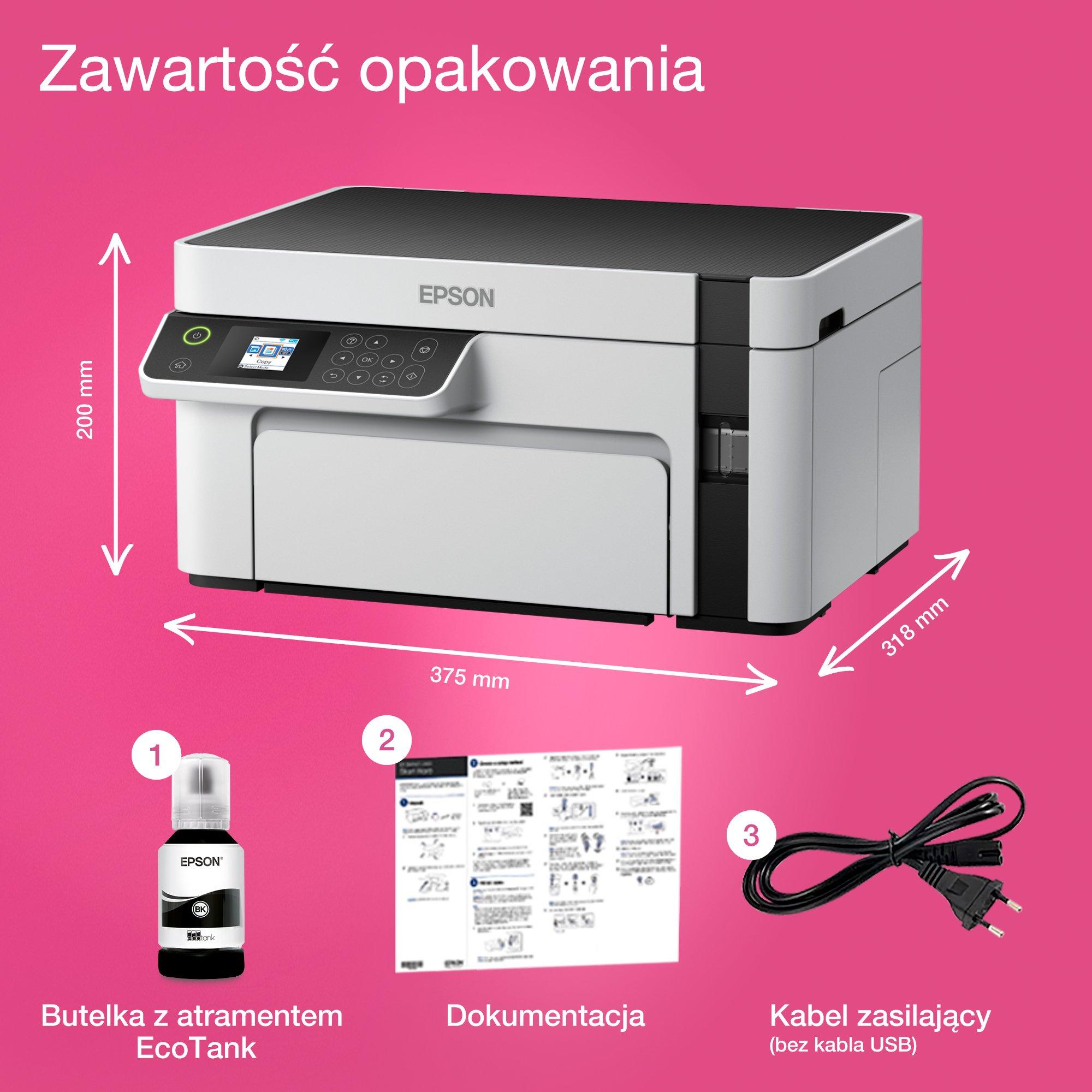 Wielofunkcyjna drukarka monochromatyczna A4 EcoTank M2120 z łącznością Wi-Fi i stałym zasilaniem w atrament whats in the box