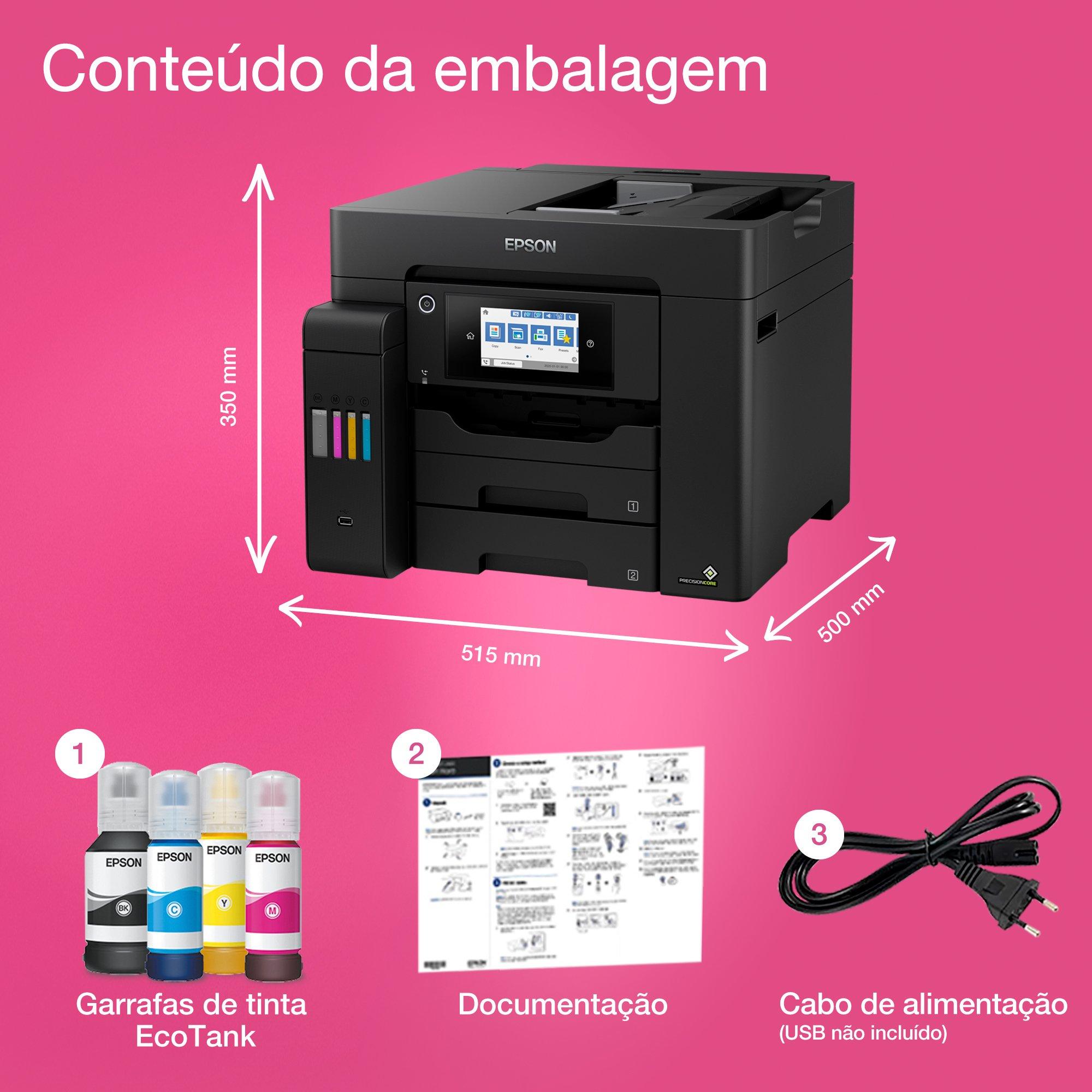 Impressora com tanque de tinta Wi-Fi multifunções com fax EcoTank ET-5855 A4 whats in the box