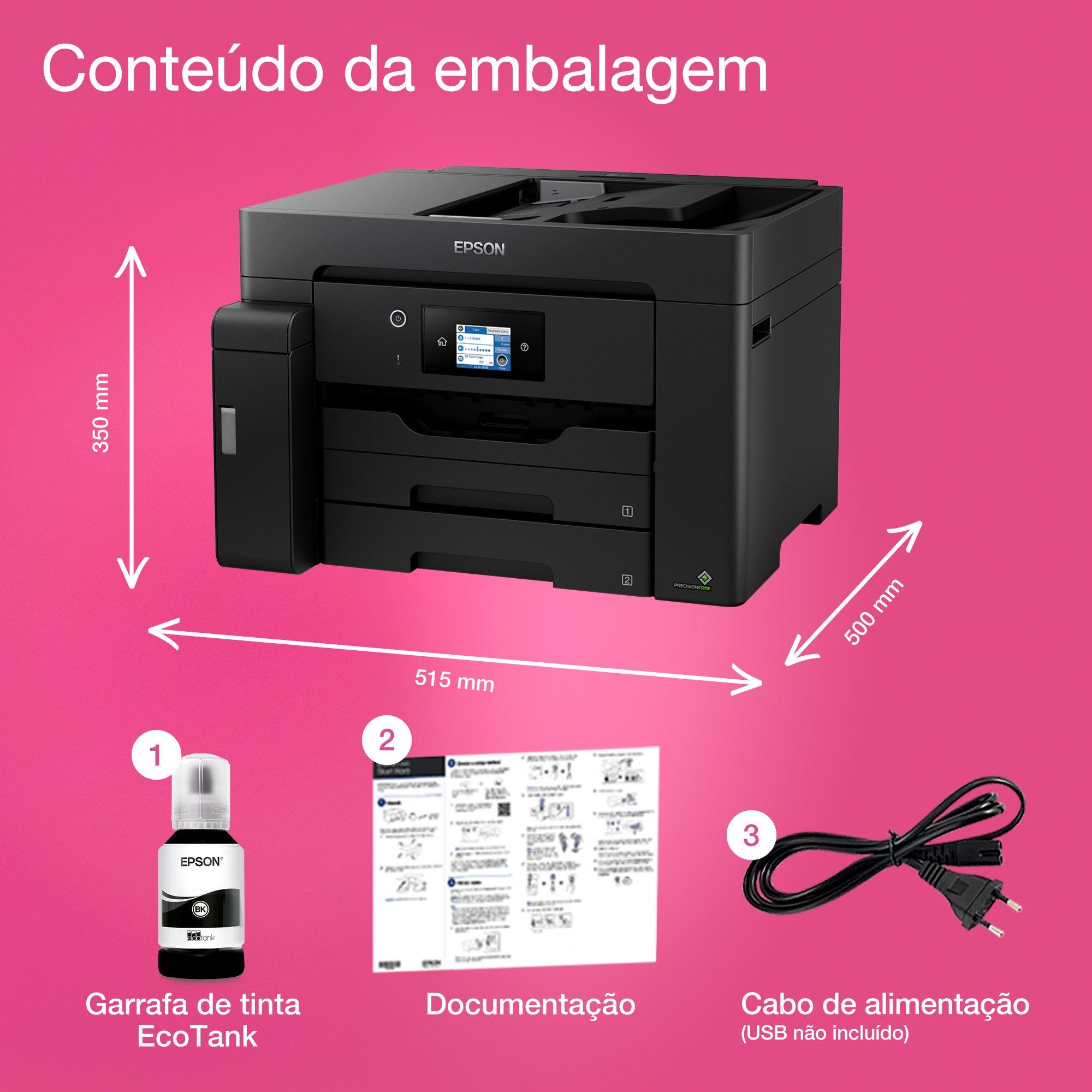 Impressora EcoTank ET-M16600 A3 com tanque de tinta Wi-Fi multifunções monocromática com digitalização, cópia e fax whats in the box