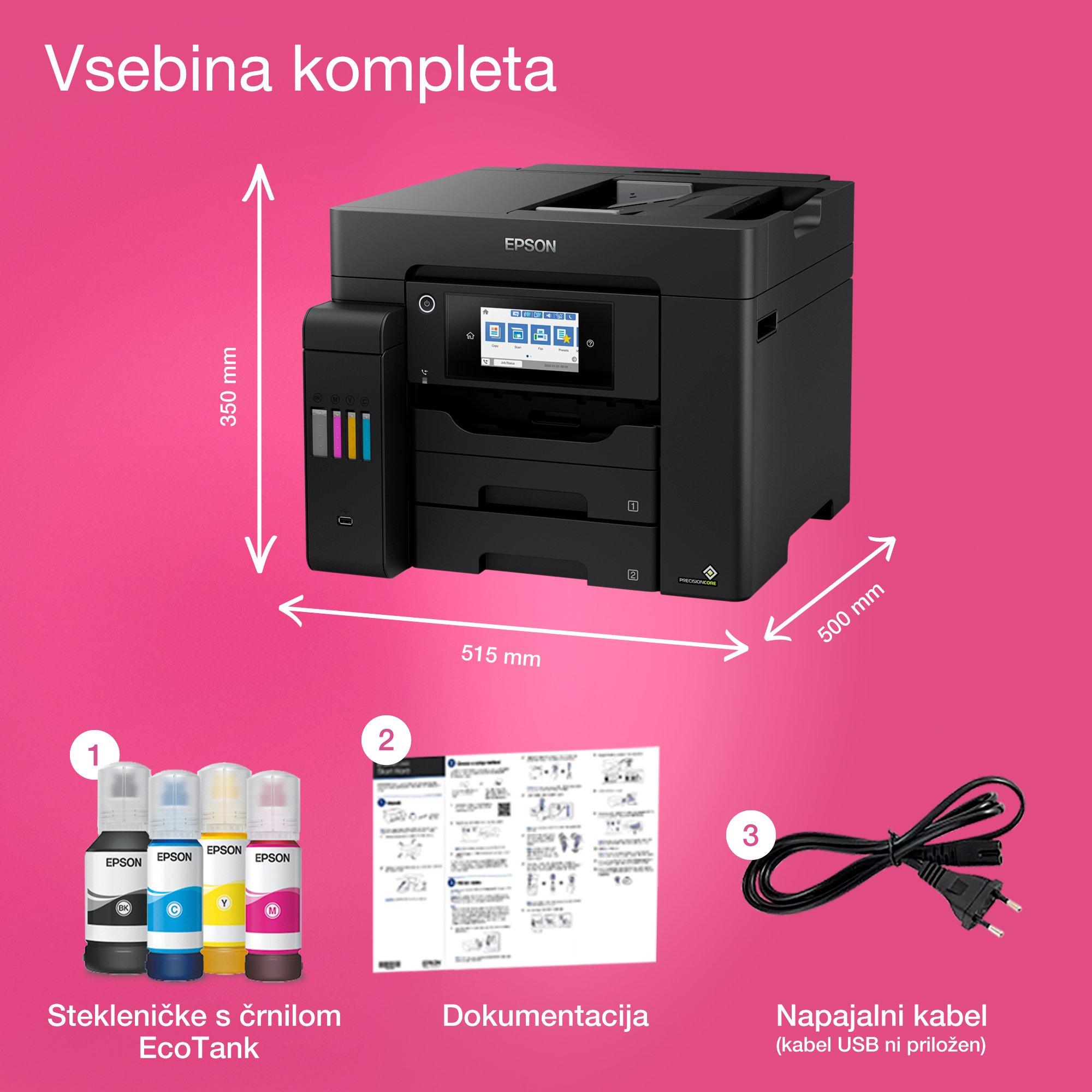 Večnamenski tiskalnik A4 EcoTank L6570 s povezljivostjo Wi-Fi in sistemom posod s črnilom ter faksom whats in the box