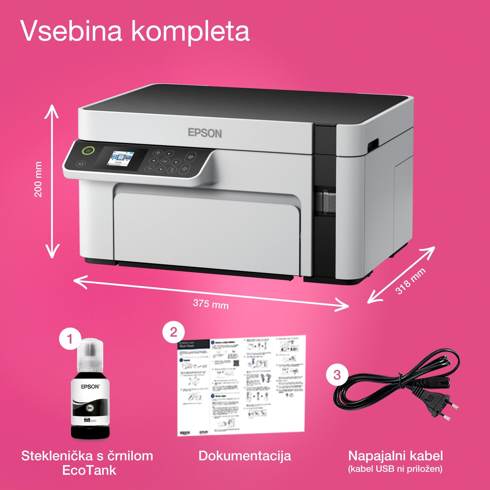 Večnamenski črno-beli tiskalnik A4 EcoTank M2120 s povezljivostjo Wi-Fi in sistemom posod s črnilom whats in the box