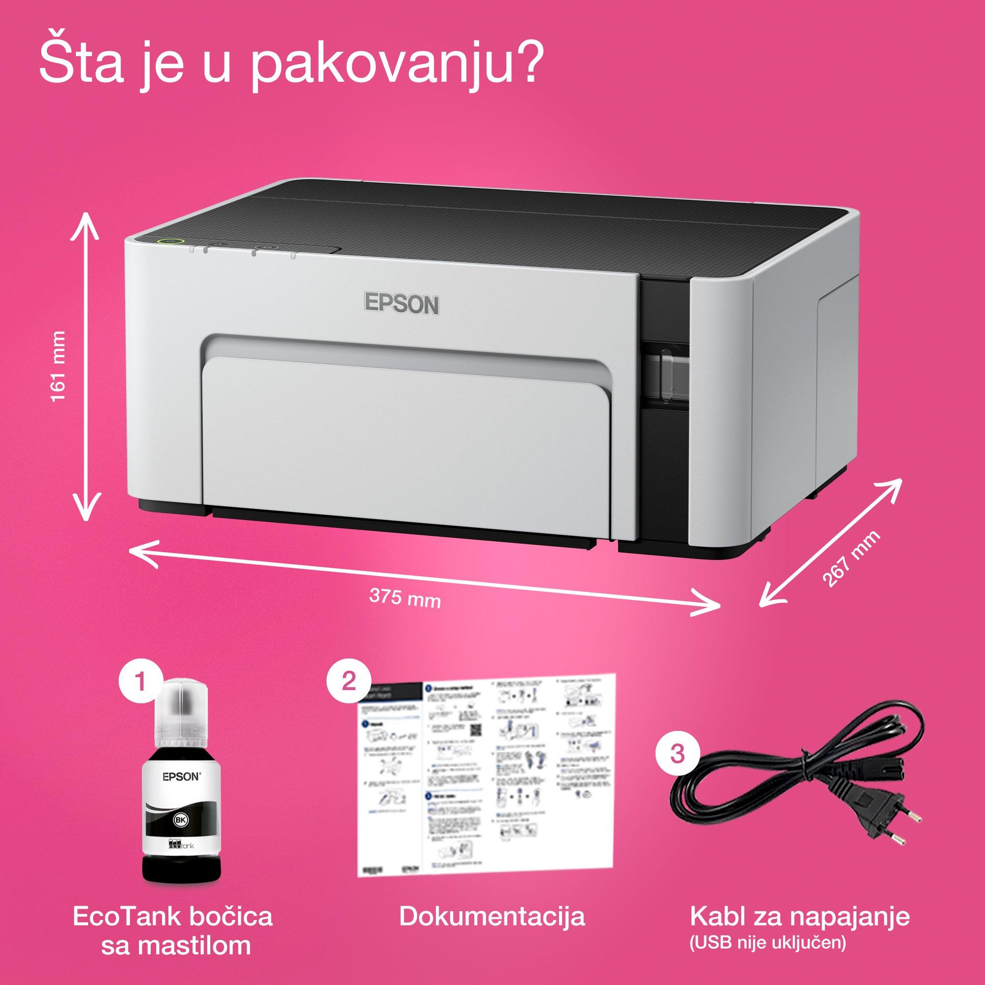 EcoTank M1100 crno-beli štampač formata A4 sa rezervoarom za mastilo whats in the box