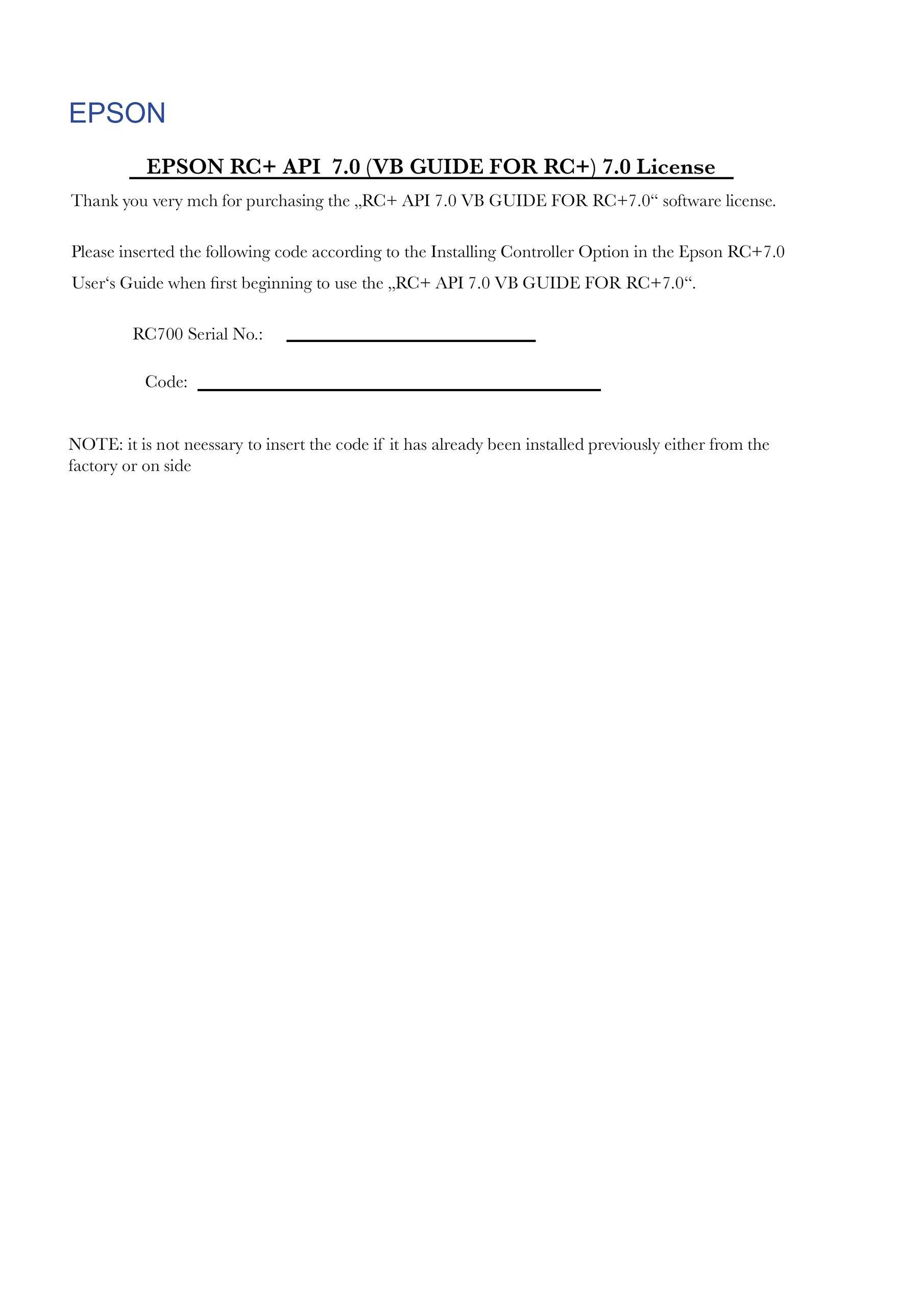 Epson RC+ API 7.0 licence