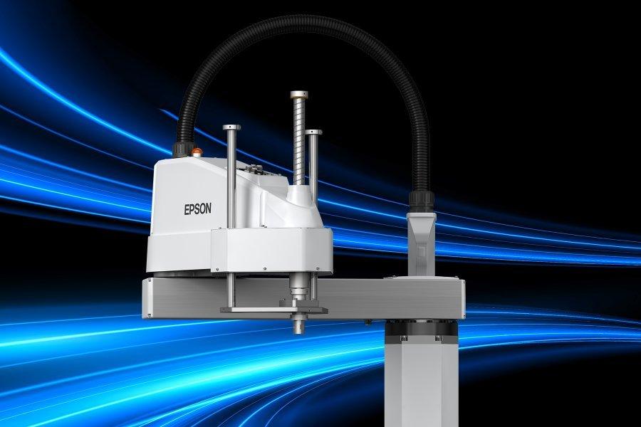Epson SCARA robot with blue neon lighting in the background.