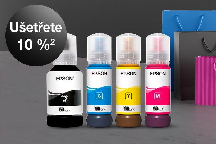 Four Epson ink bottles against a black and grey background with colorful paper bags next to them