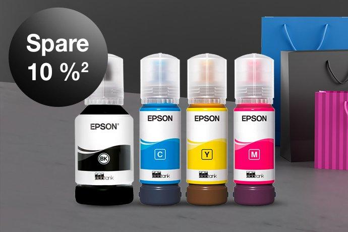 Four Epson ink bottles against a black and grey background with colorful paper bags next to them