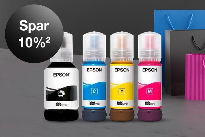Four Epson ink bottles against a black and grey background with colorful paper bags next to them