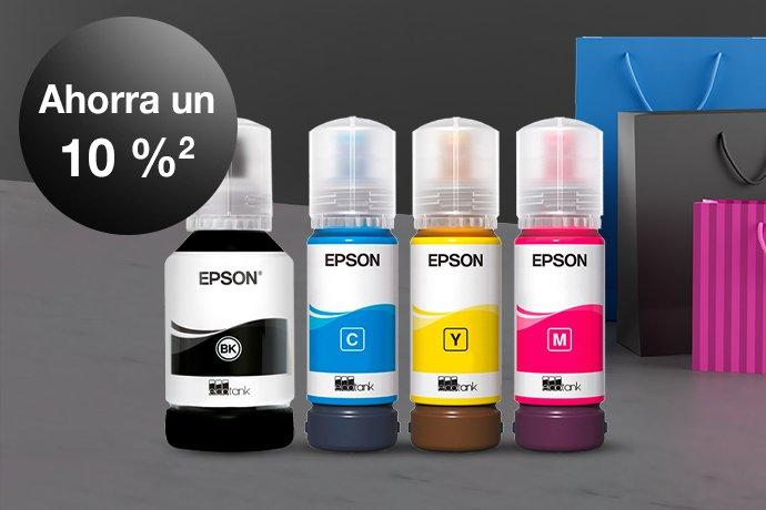 Four Epson ink bottles against a black and grey background with colorful paper bags next to them