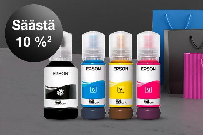 Four Epson ink bottles against a black and grey background with colorful paper bags next to them
