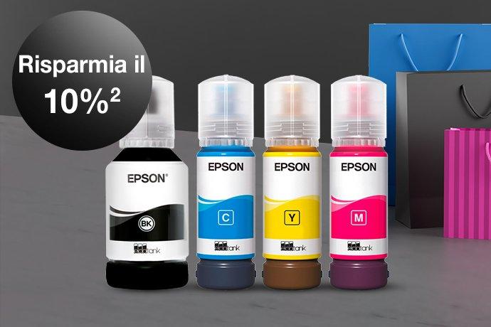 Four Epson ink bottles against a black and grey background with colorful paper bags next to them