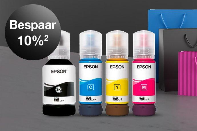 Four Epson ink bottles against a black and grey background with colorful paper bags next to them