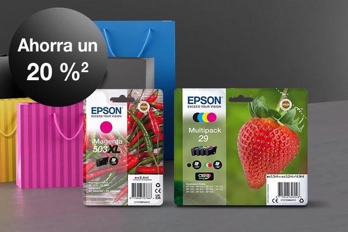 Two Epson ink cartridges against a black and grey background with colorful paper bags next to them