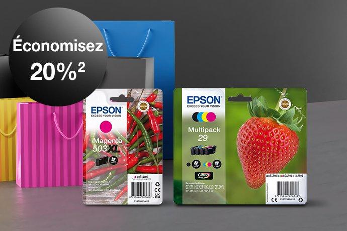 Two Epson ink cartridges against a black and grey background with colorful paper bags next to them